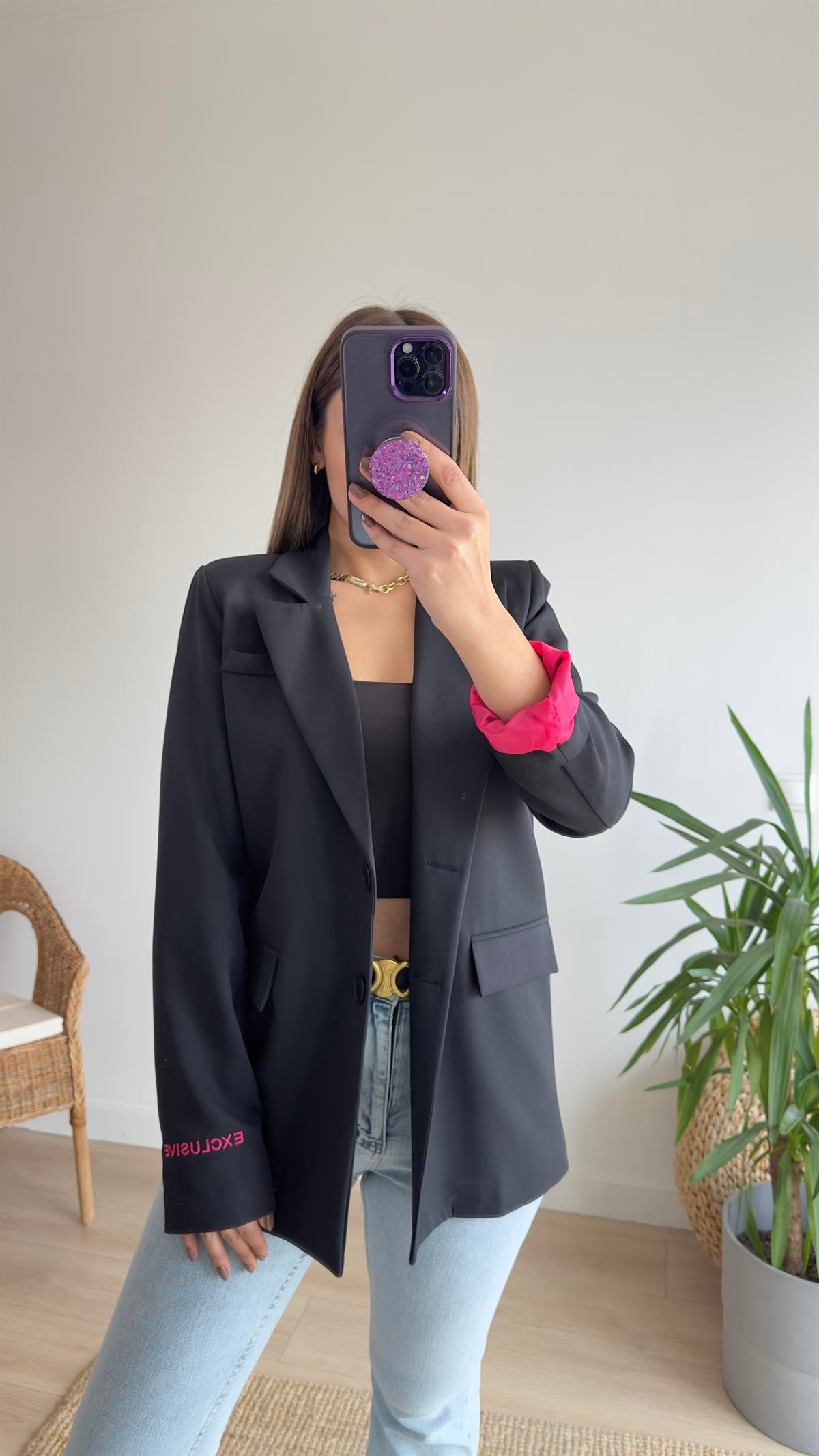 Ravi Pembe Yazı Detaylı Blazer Ceket