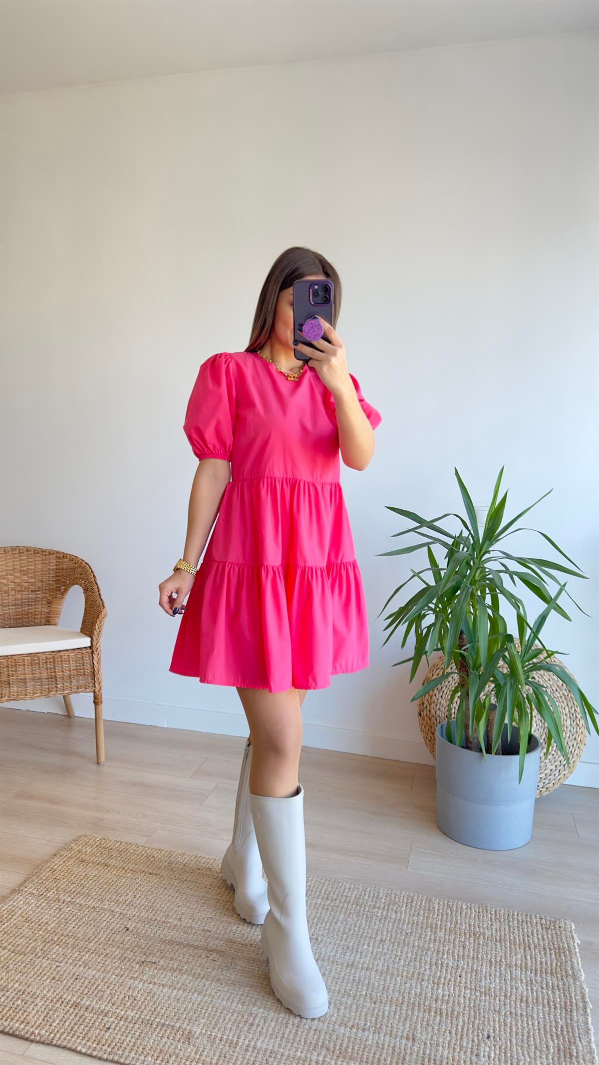 Sırt Pencereli Pembe Poplin Elbise