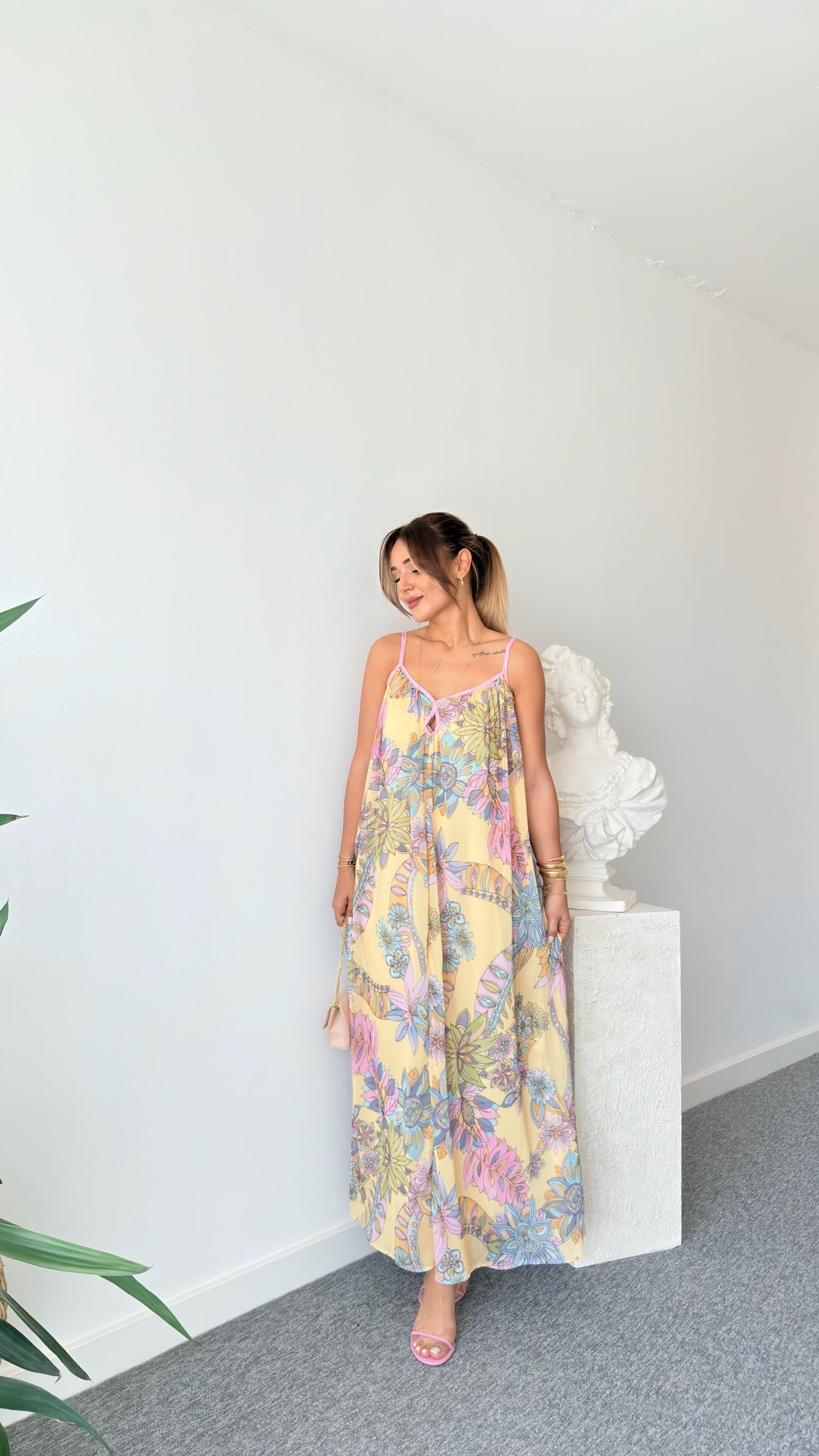 Zra Model Pembe Biyeli Çiçek Desenli Elbise 