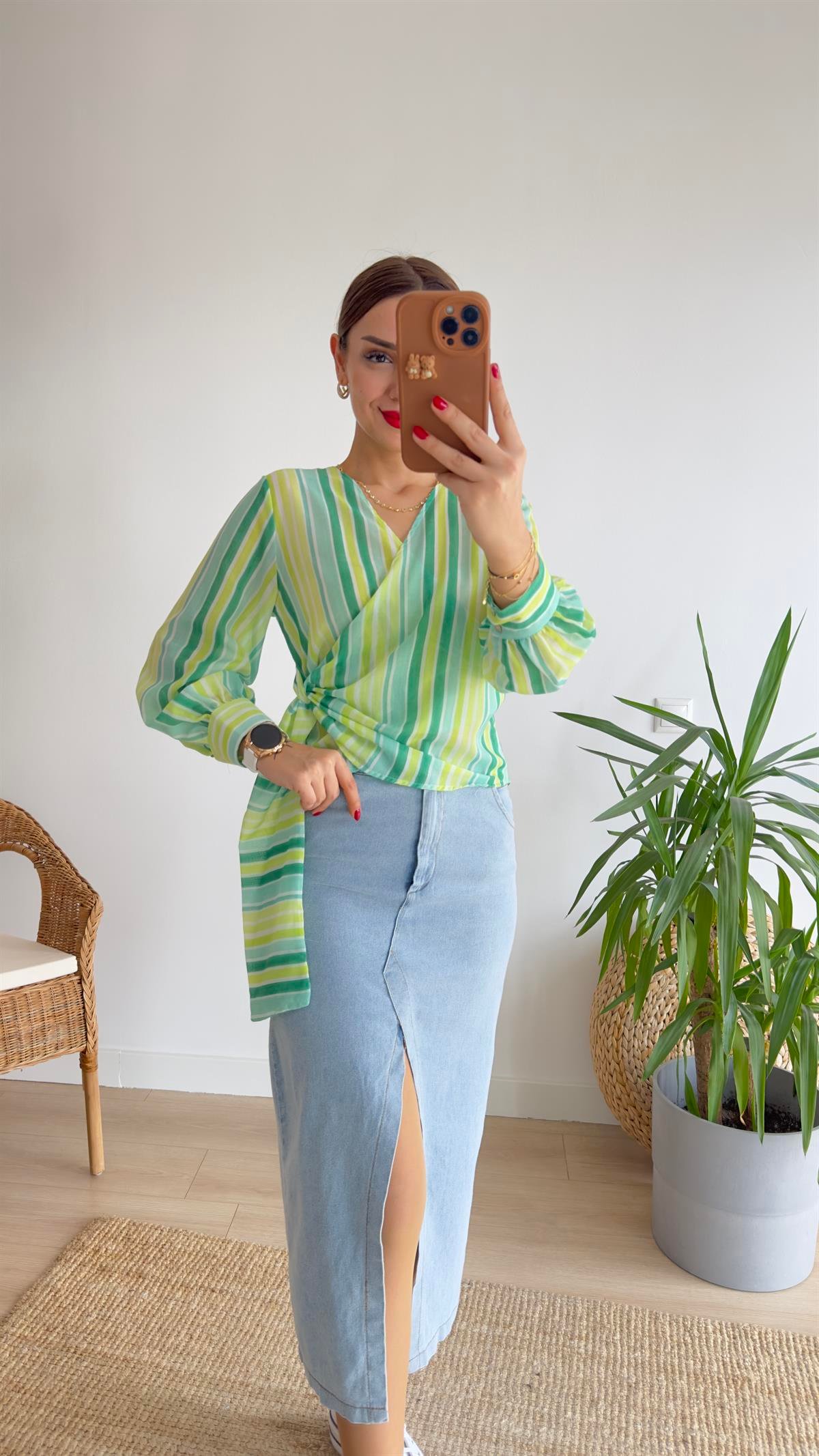 Yeşil Şeritli Kruvaze Bluz