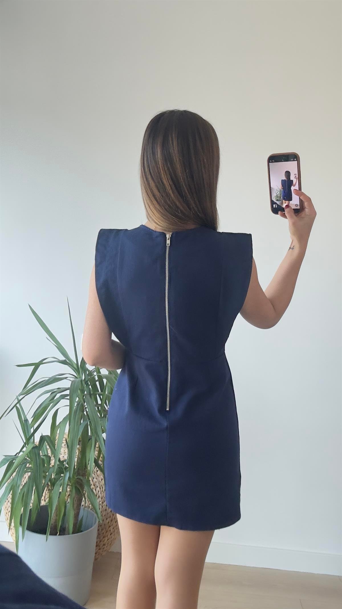 Sırt Fermuarlı Lacivert Gabardin Elbise 
