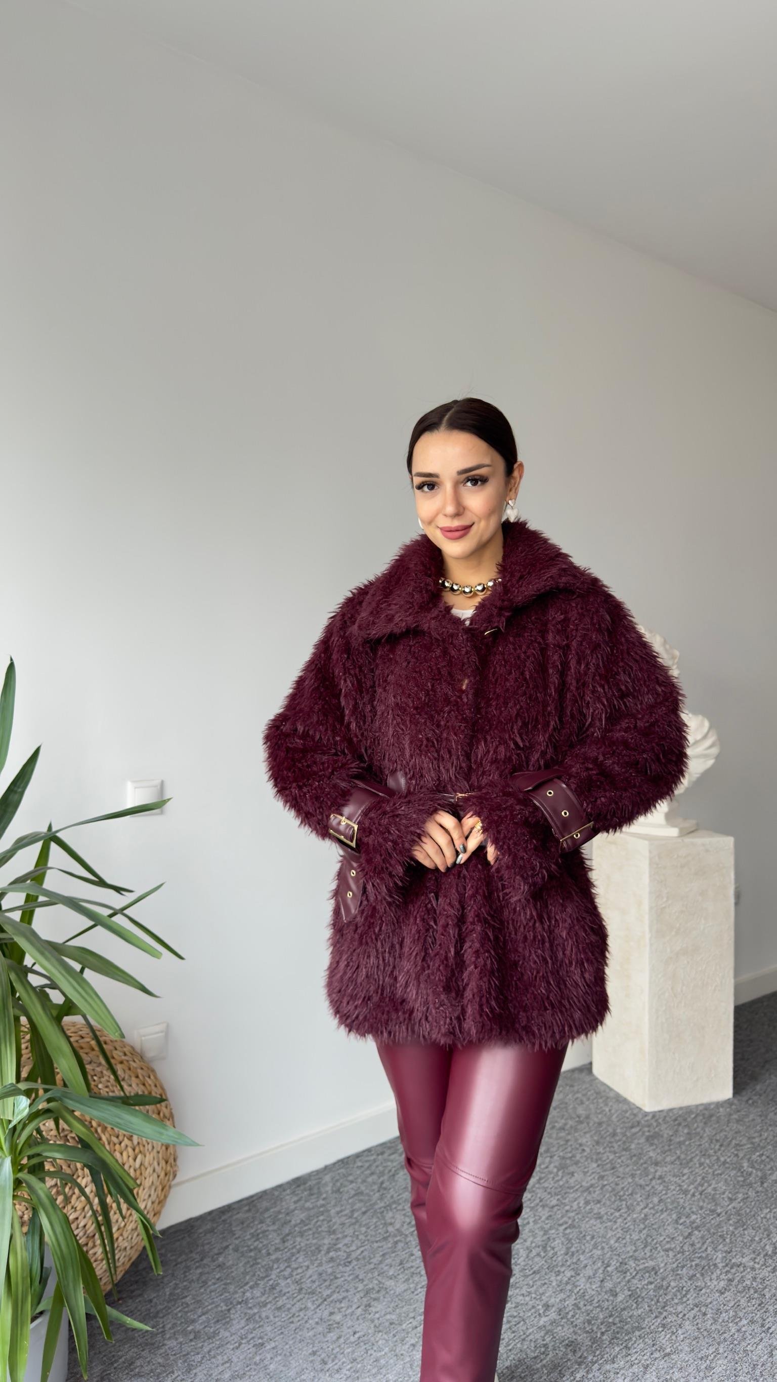 Premıum Deri Detaylı Bordo Peluş Mont (Ön Sipariş Ürünü)