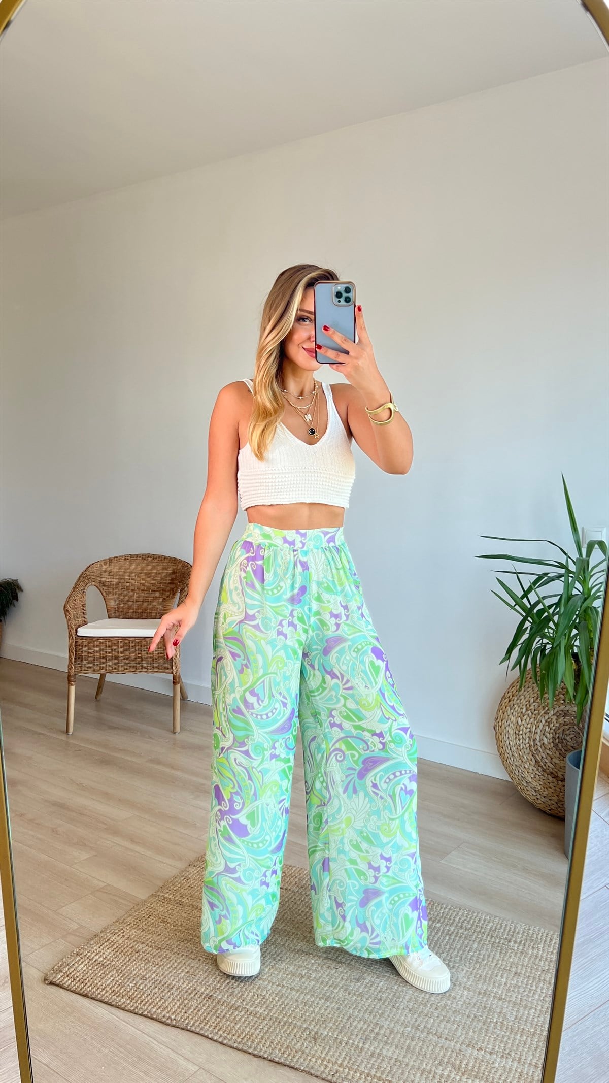 Etnik Desen Astarlı Şifon Pantolon 