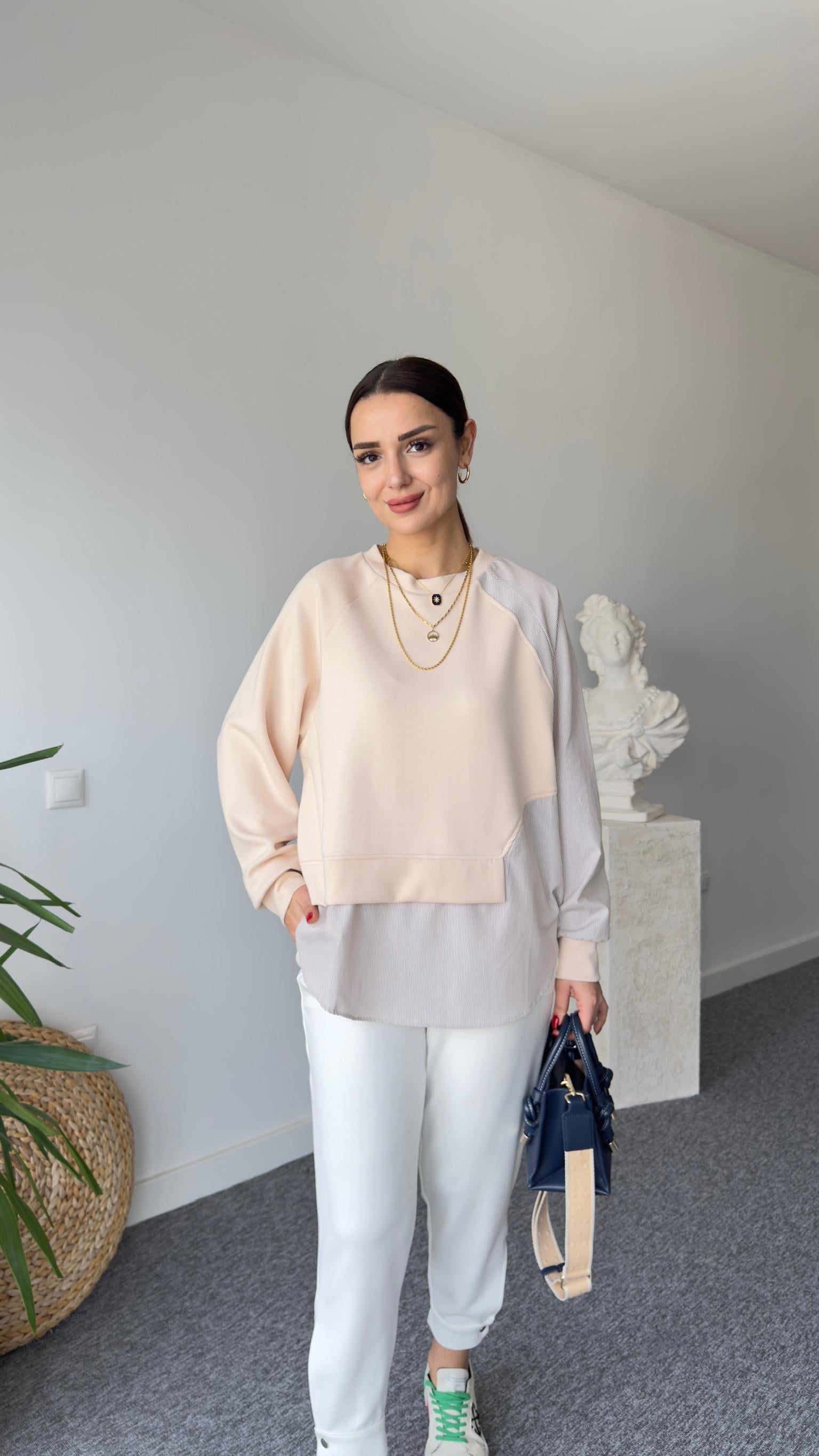 Yan Gömlek Parçalı Bej Modal Sweat