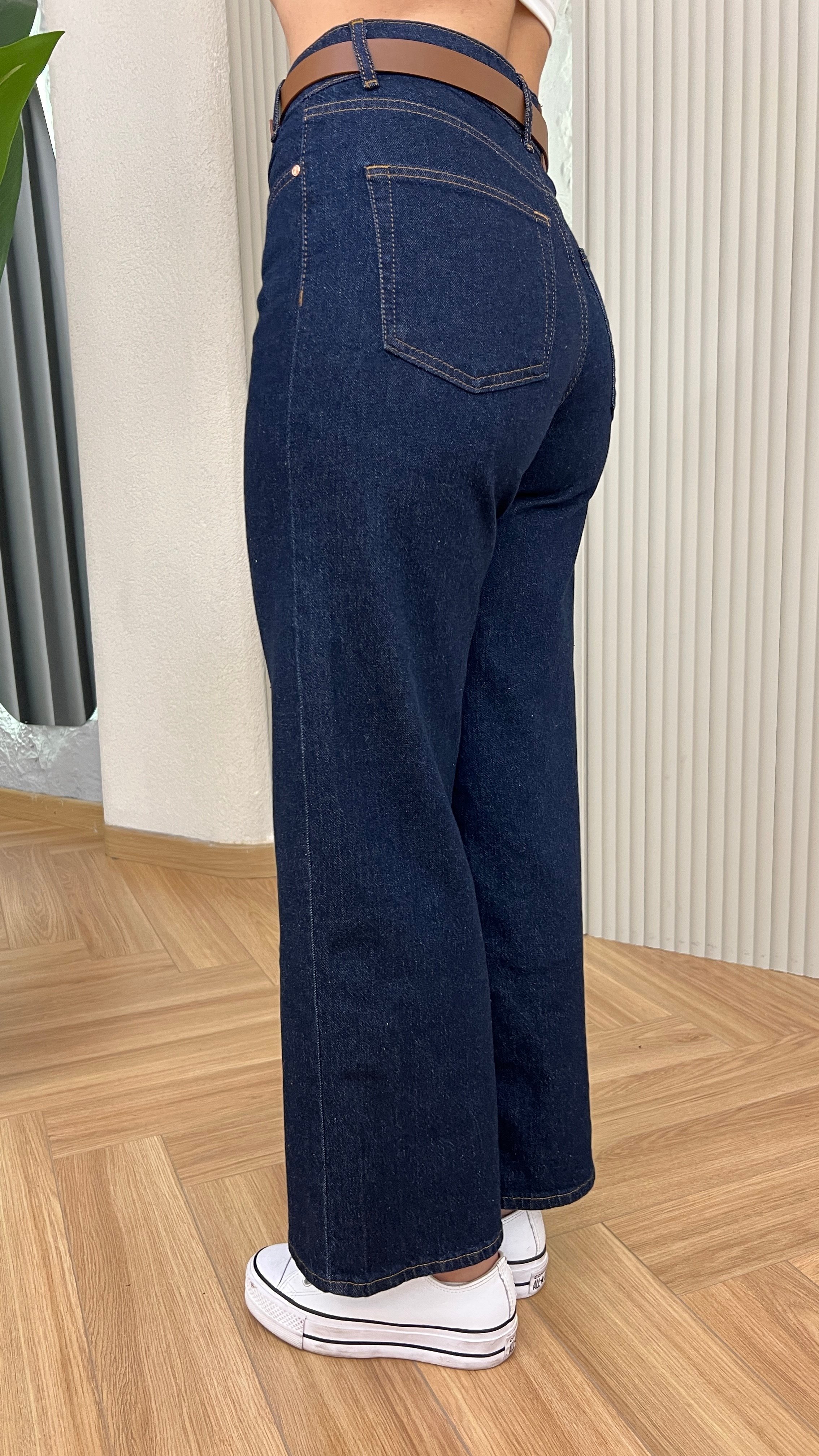Lacivert Gina Kemer Detaylı Wide Leg Jean