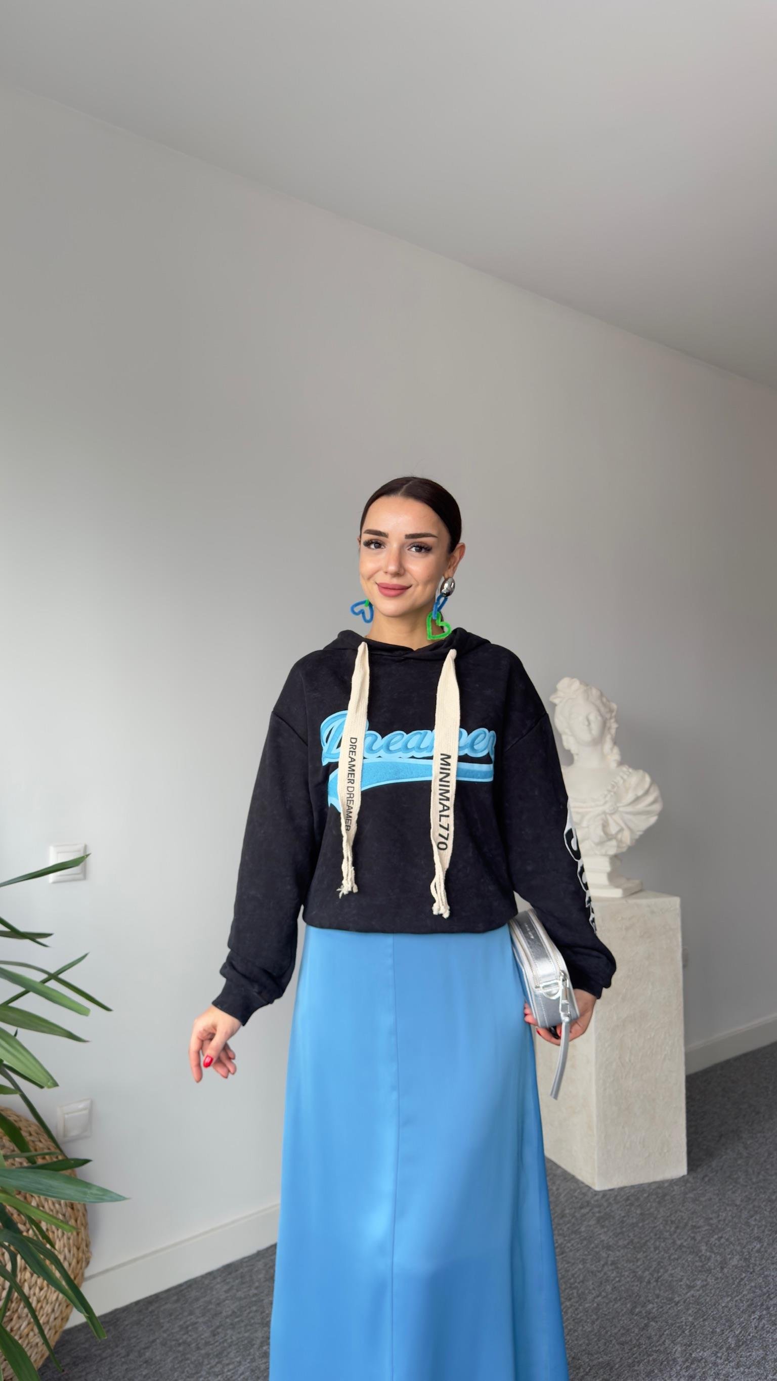 Mavi Nakış Yazılı Yıkamalı Sweatshirt
