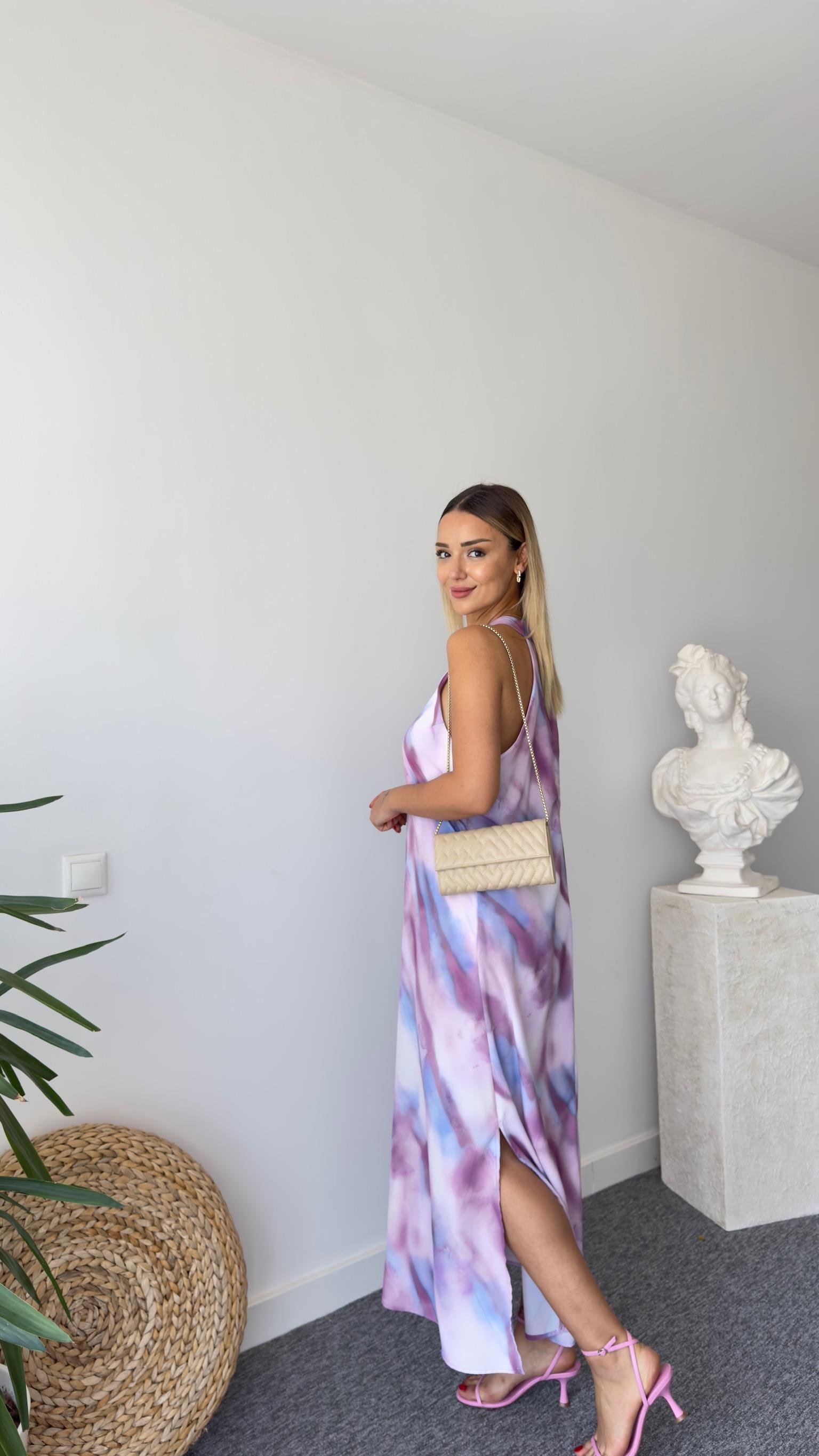 Lila Halter Yaka Desenli Elbise 