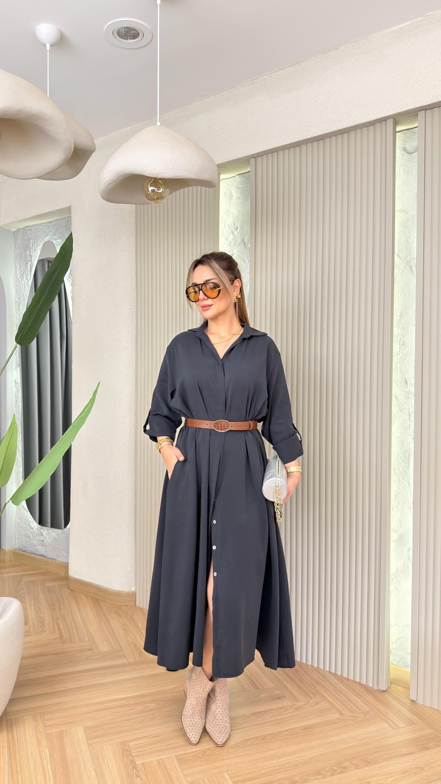 Siyah Vesra Deri Kemer Detaylı Salaş Tensel Elbise