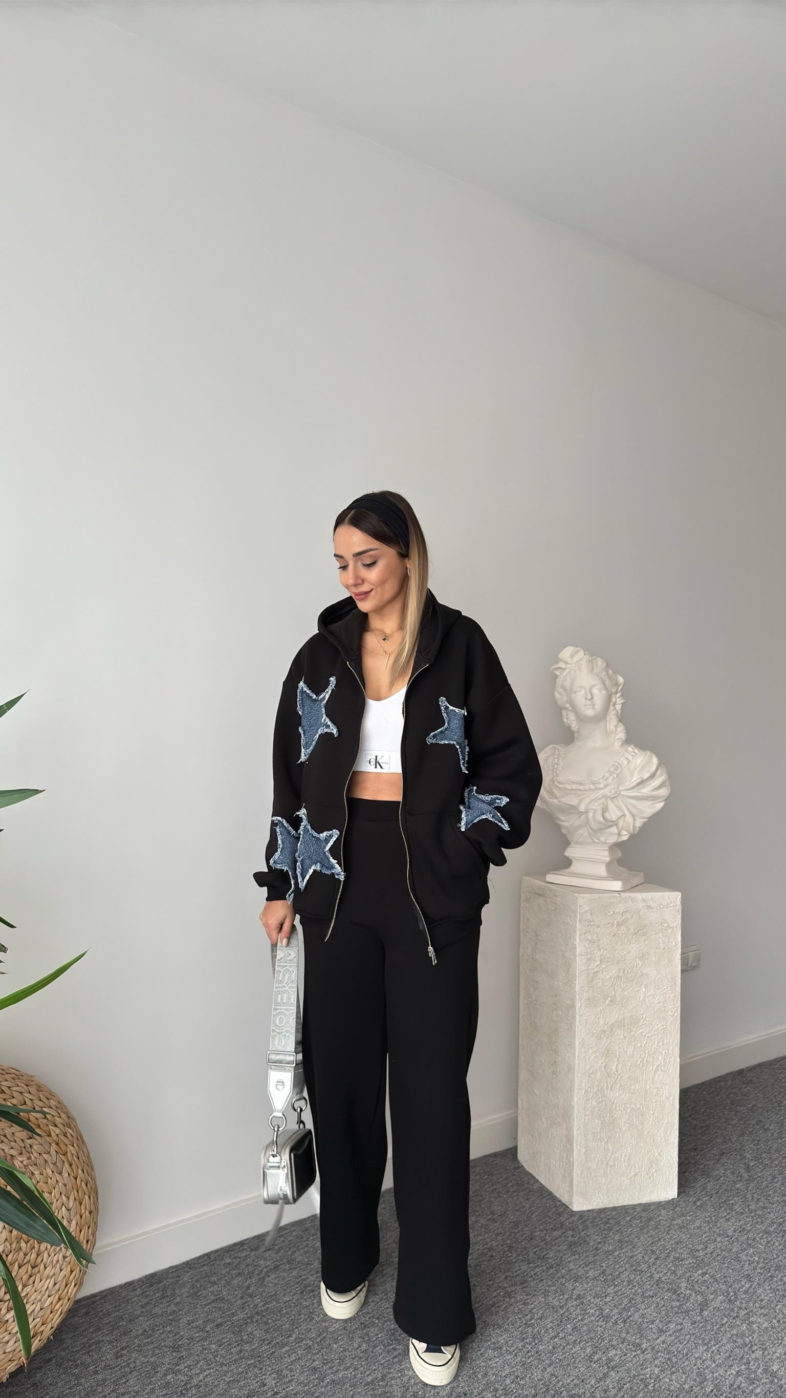 Denim Yıldız Detaylı Siyah Tasarım Takım