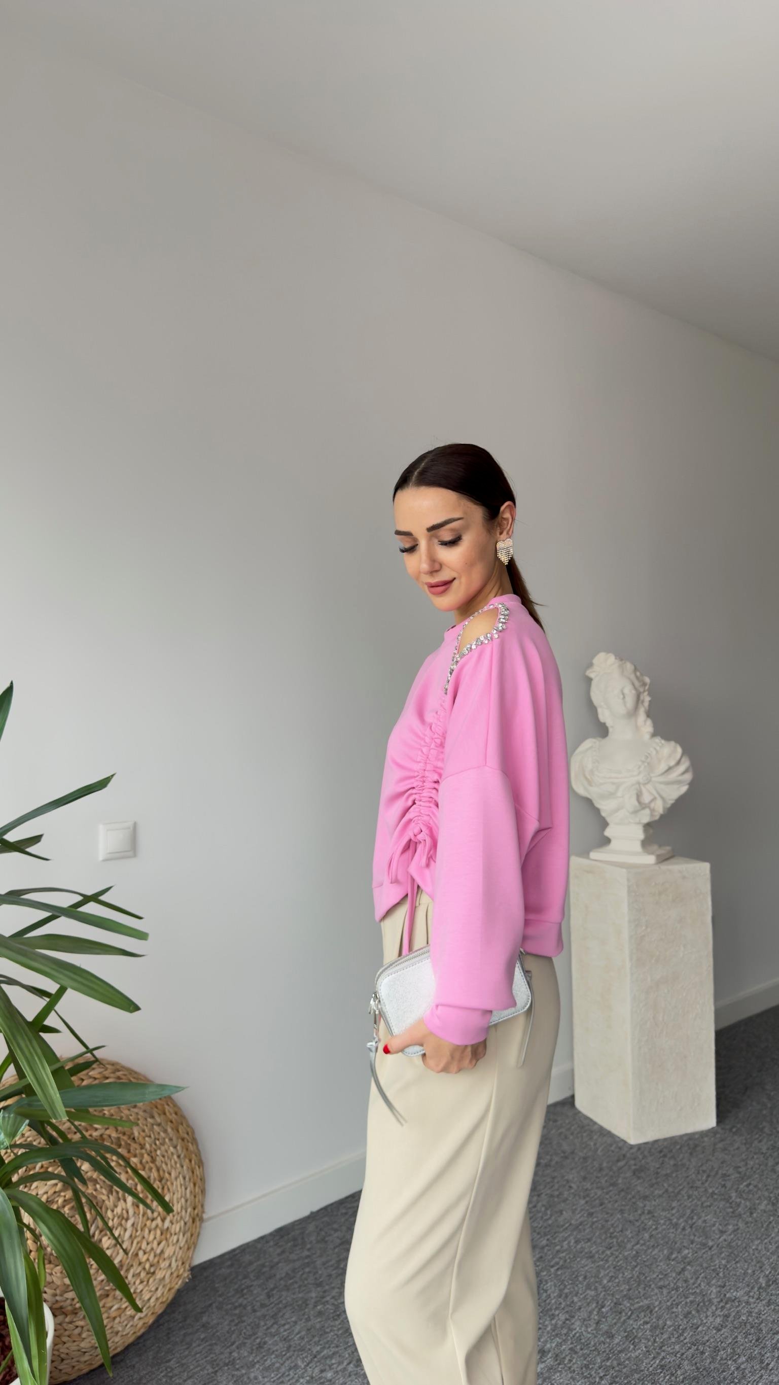 Premıum Büzgülü Taş Detay Pembe Modal Sweat