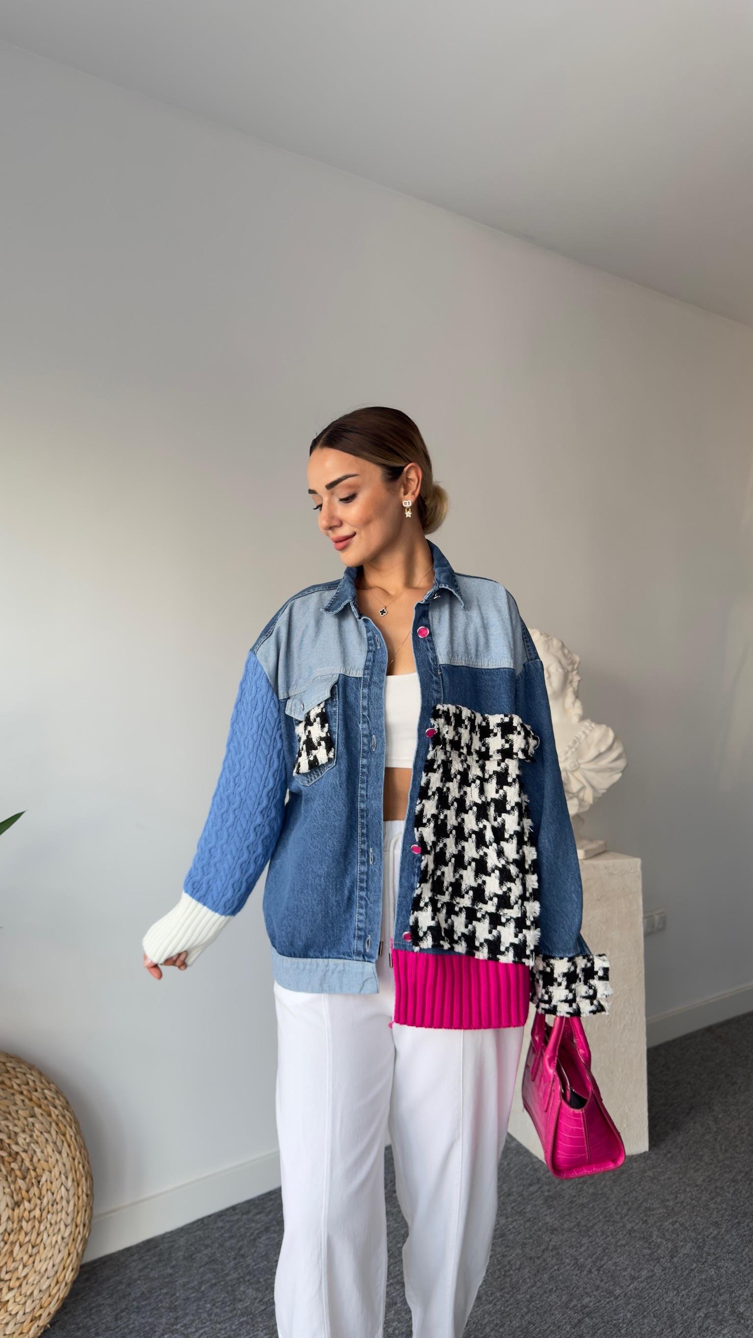 Renkli Triko Detaylı Tasarım Jean Ceket