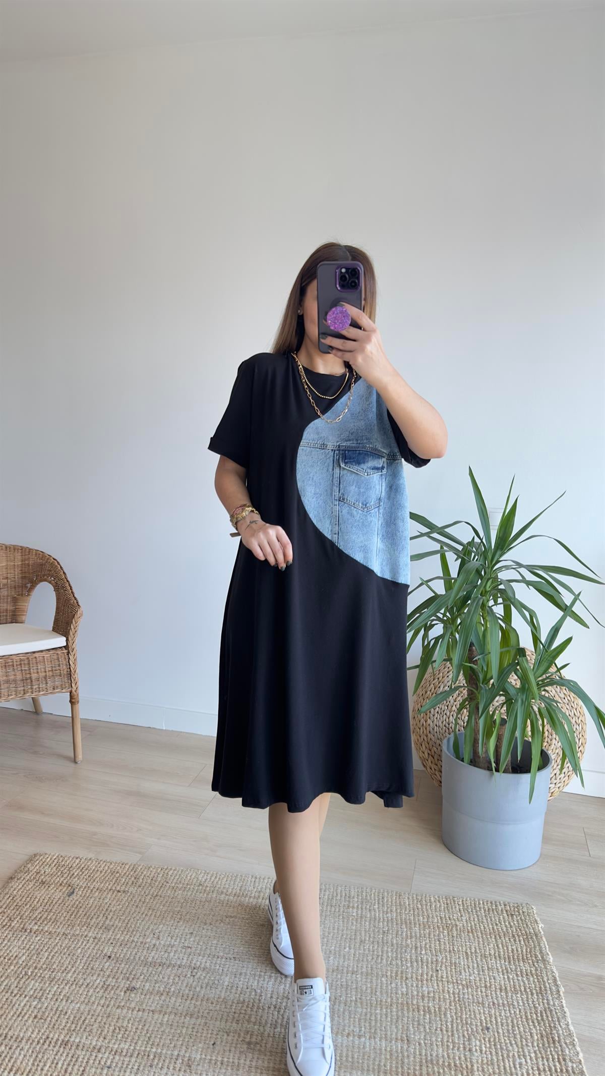 Kot Detaylı Siyah Basic Elbise 