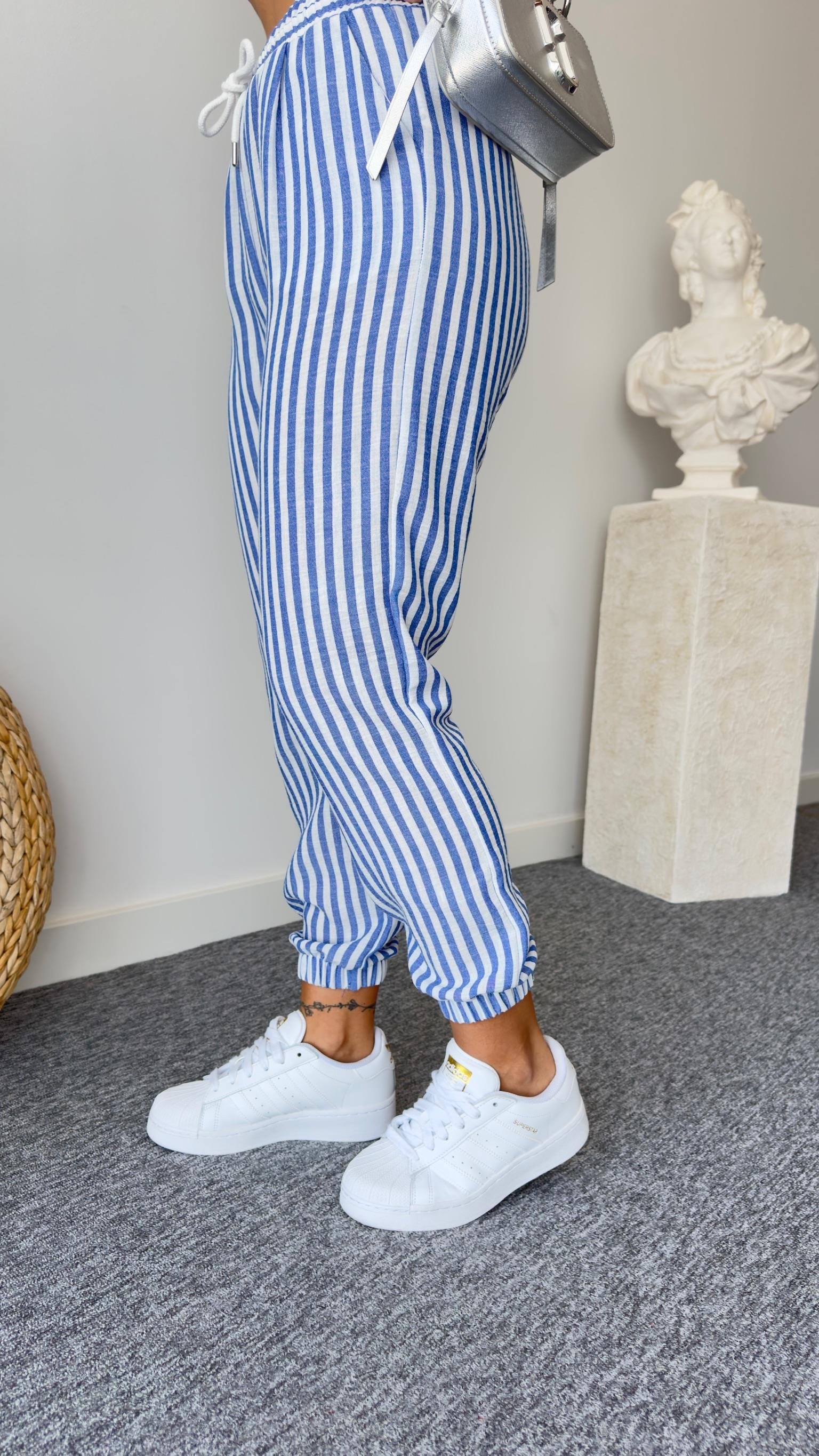 Mavi Çizgili Keten Jogger Pantolon