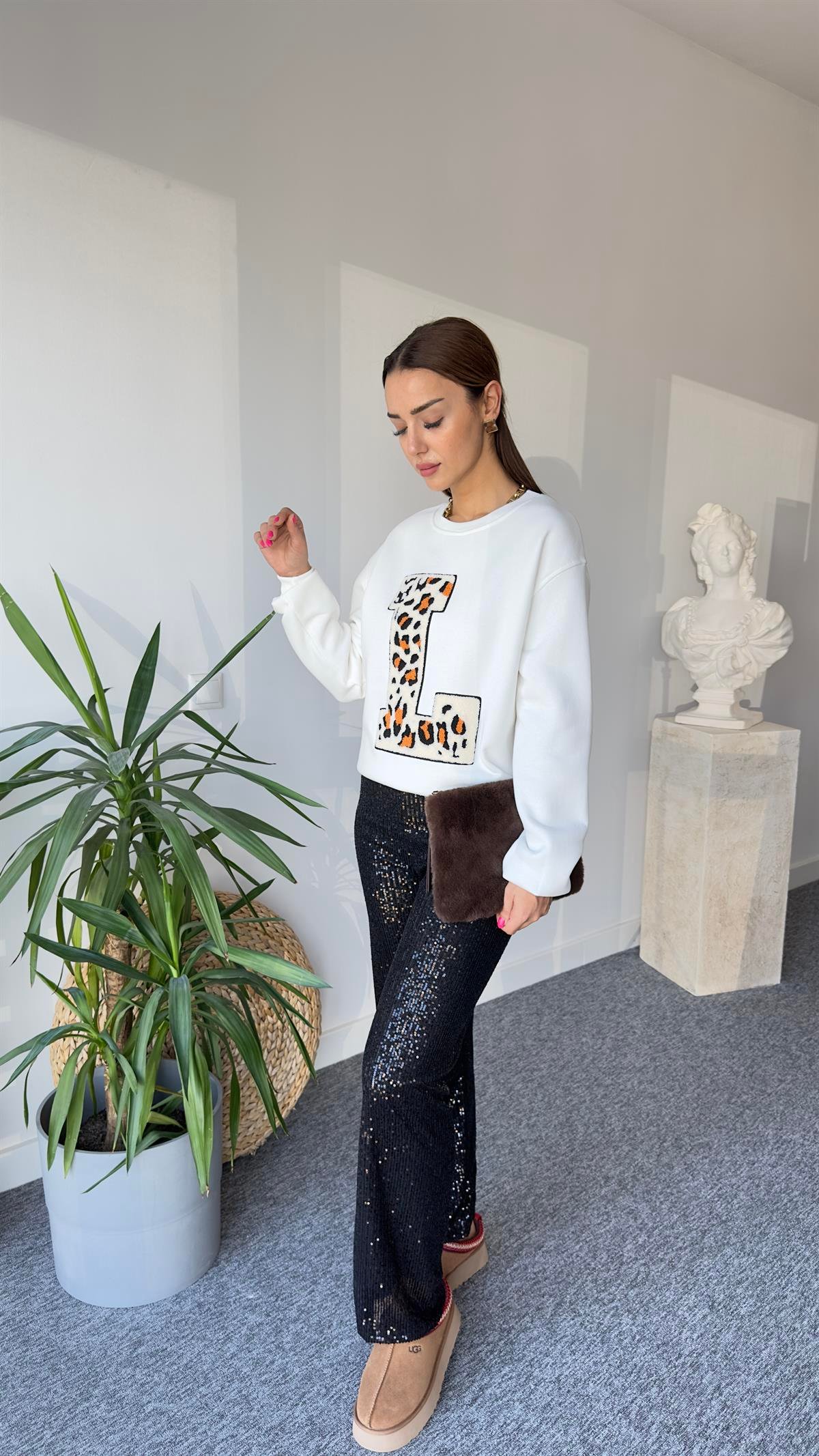 L Baskı Leopar Detay Beyaz Zra Sweat