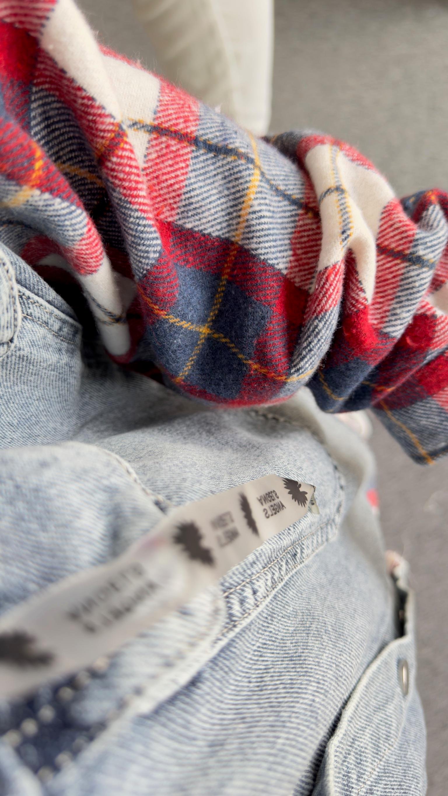 Kırmızı Ekose Detaylı Kapüşonlu Jean Ceket
