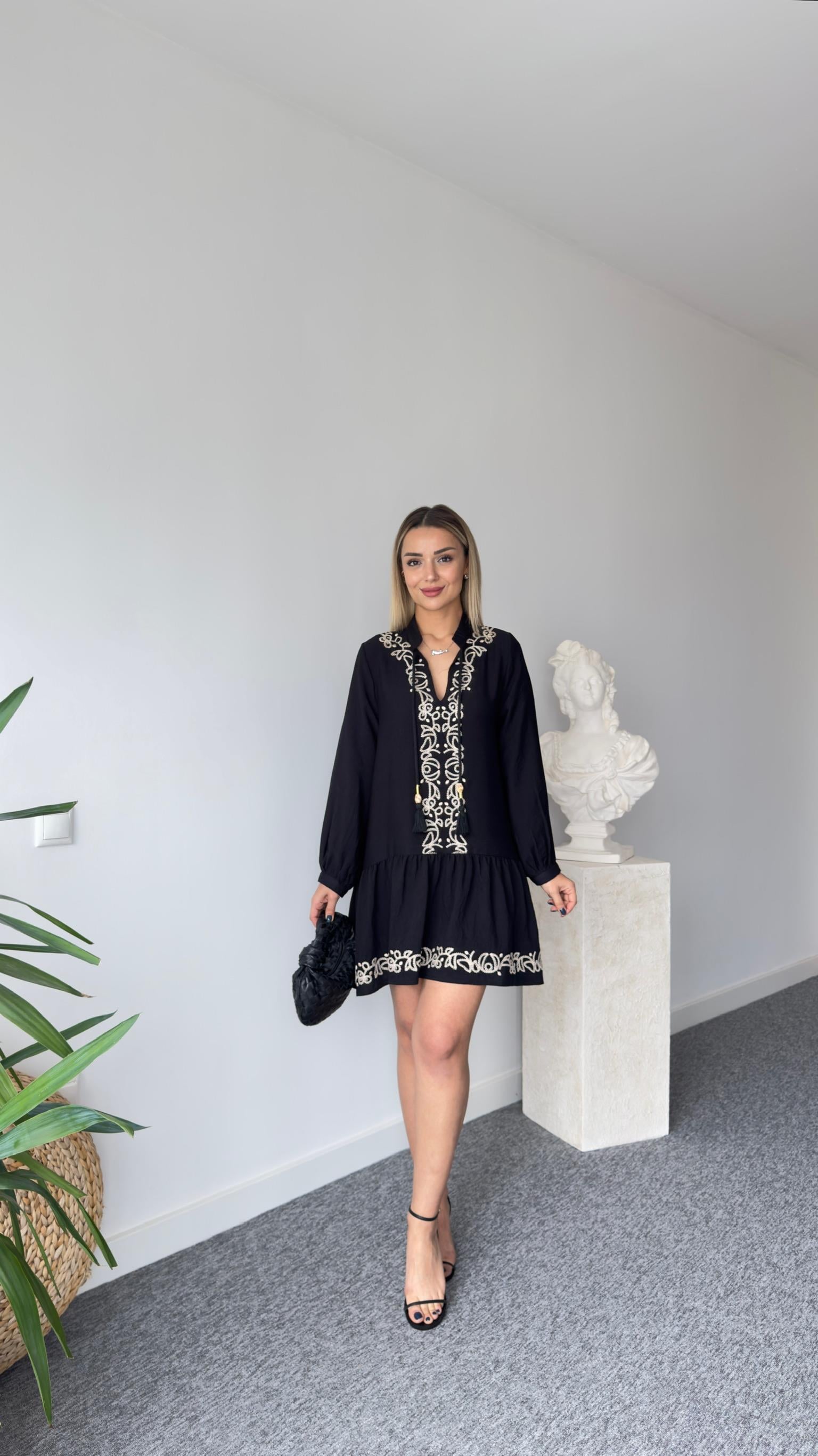 Cotte Nakışlı Zra Model Siyah Elbise 