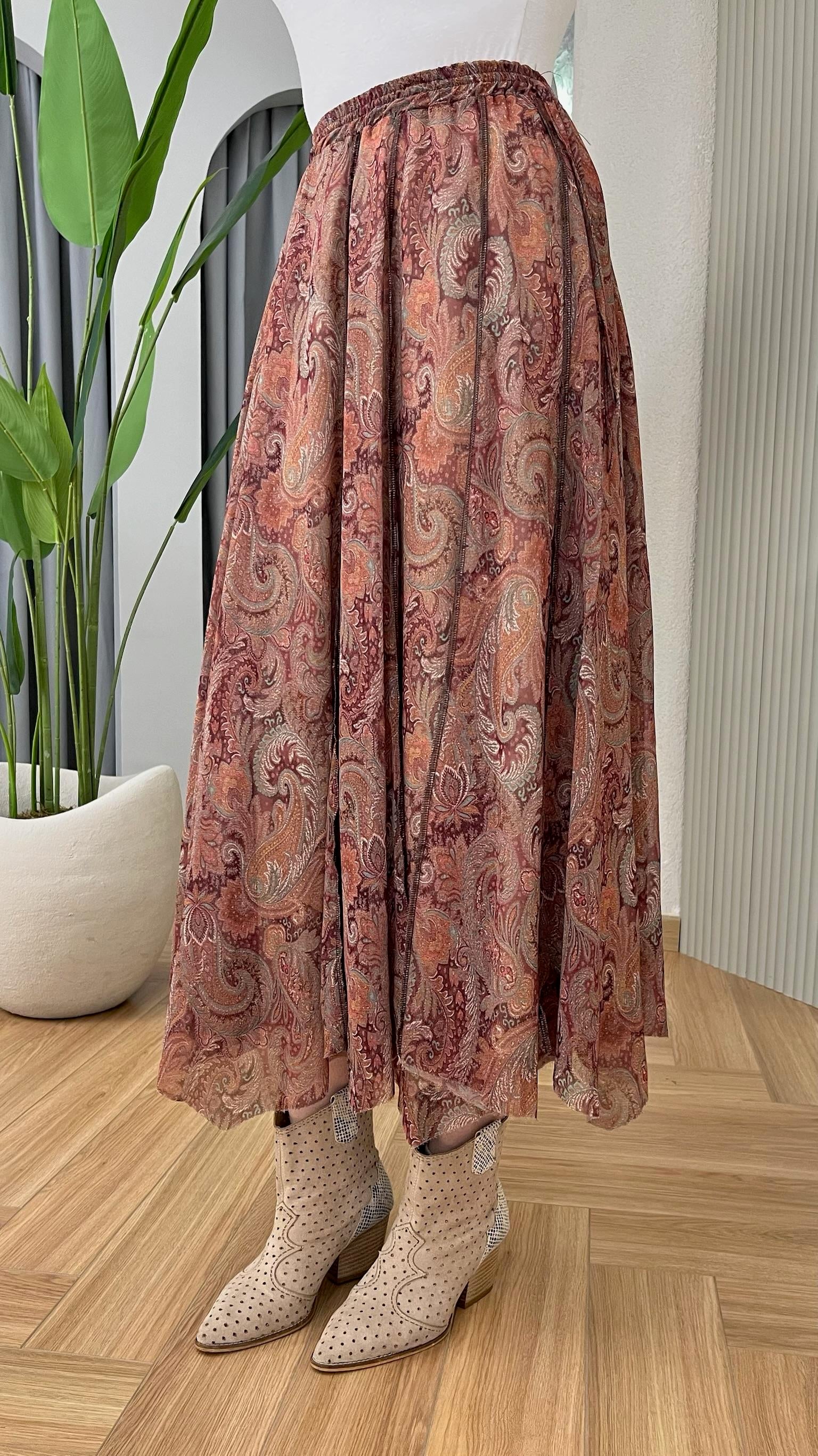 Turuncu Zien Etnik Desenli Şifon Etek