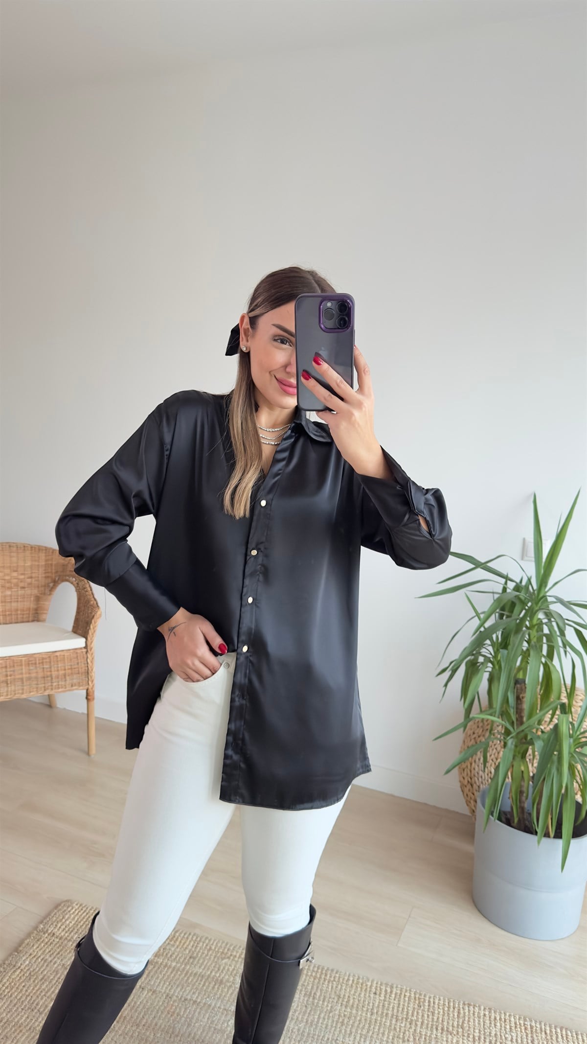 Saten Siyah Basic Gömlek