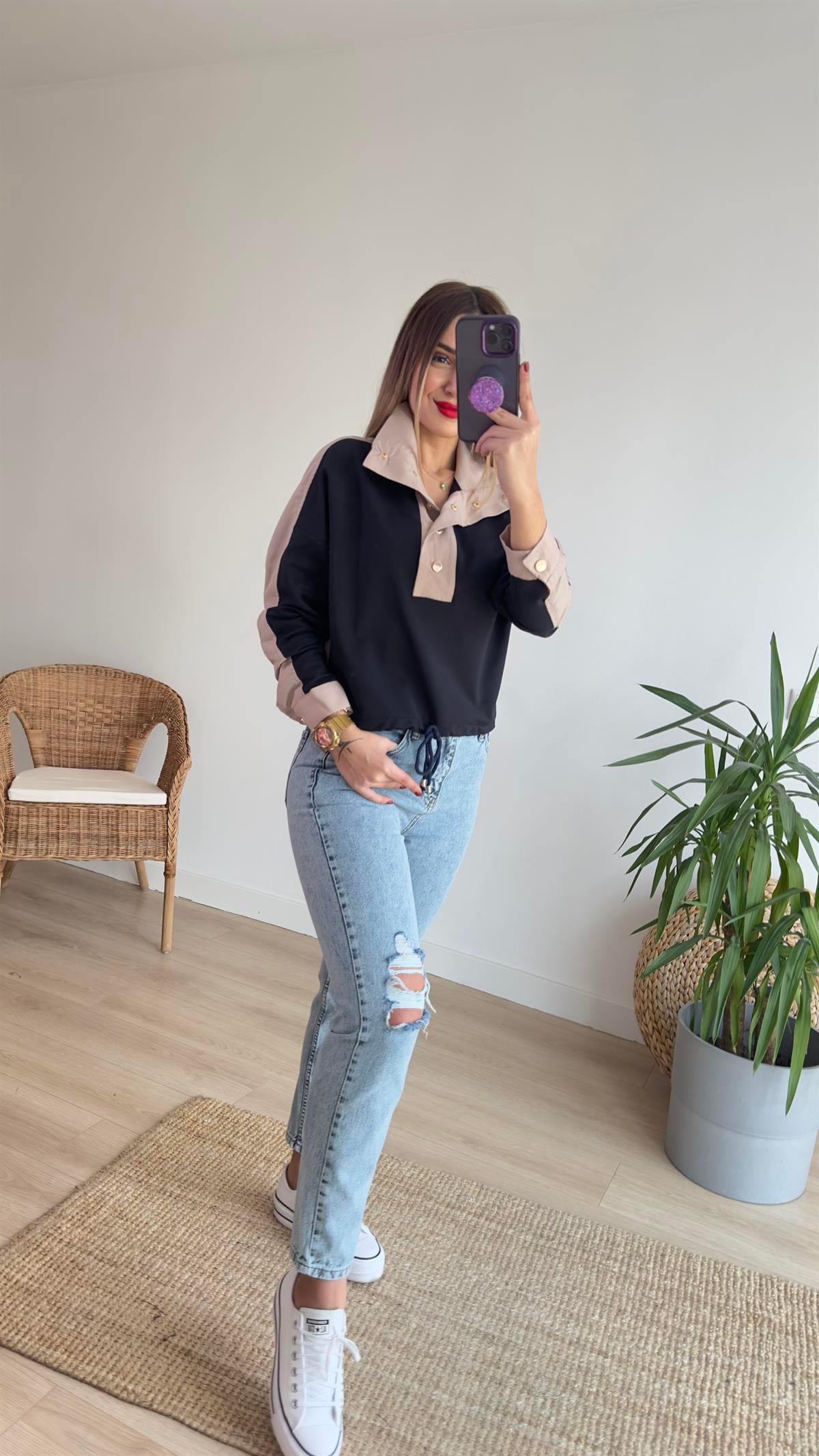 Sırtı Poplin Düğmeli Sweatshirt