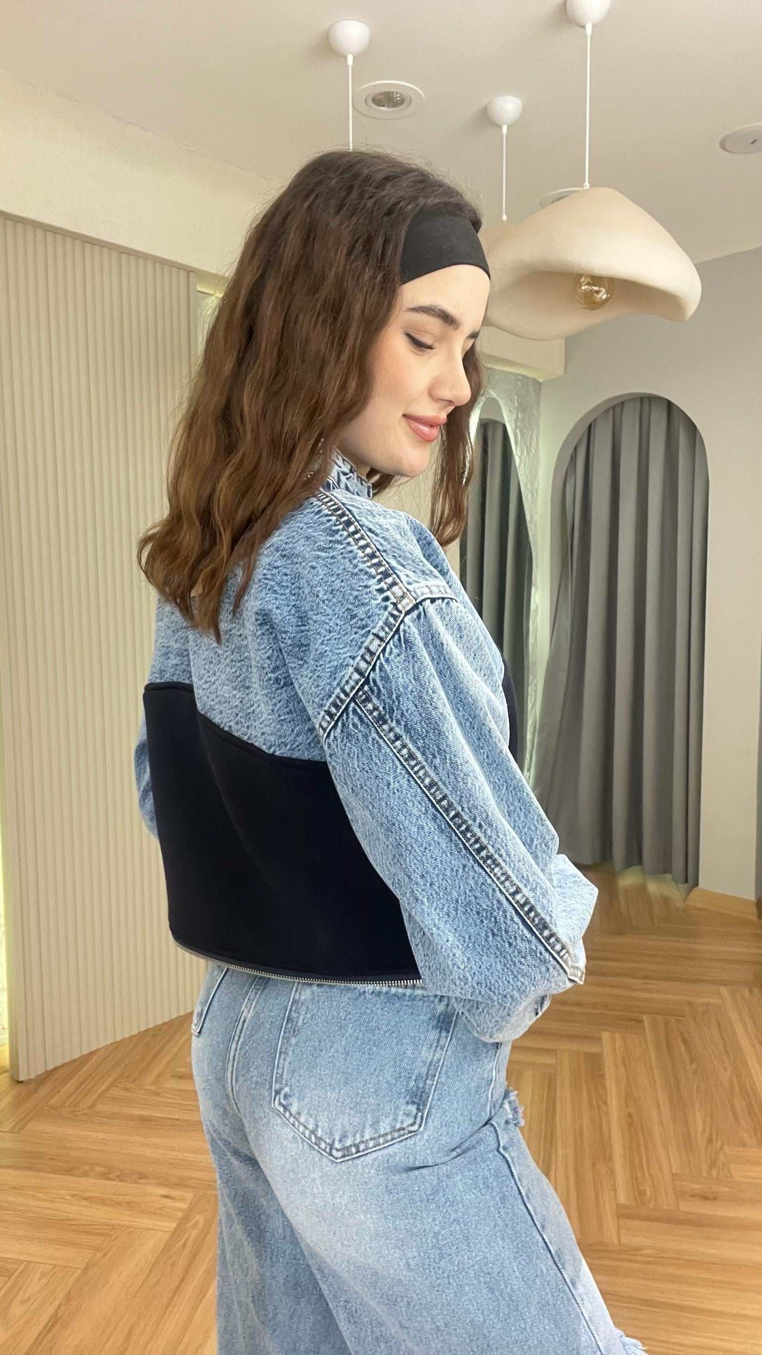 Mavi Kot Garnili Fermuarlı Sweat