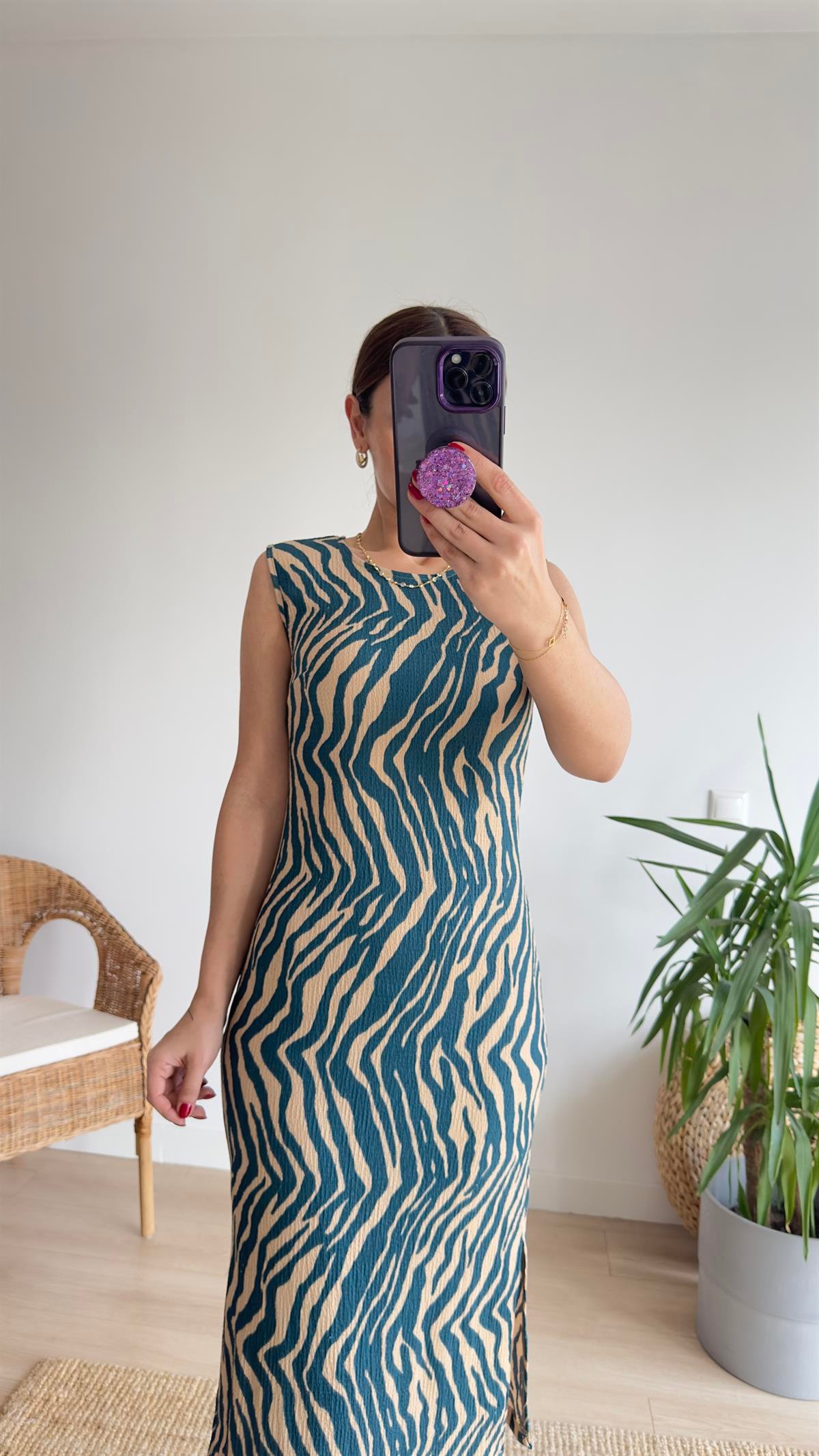 Yeşil Zebra Desen Yırtmaçlı Elbise