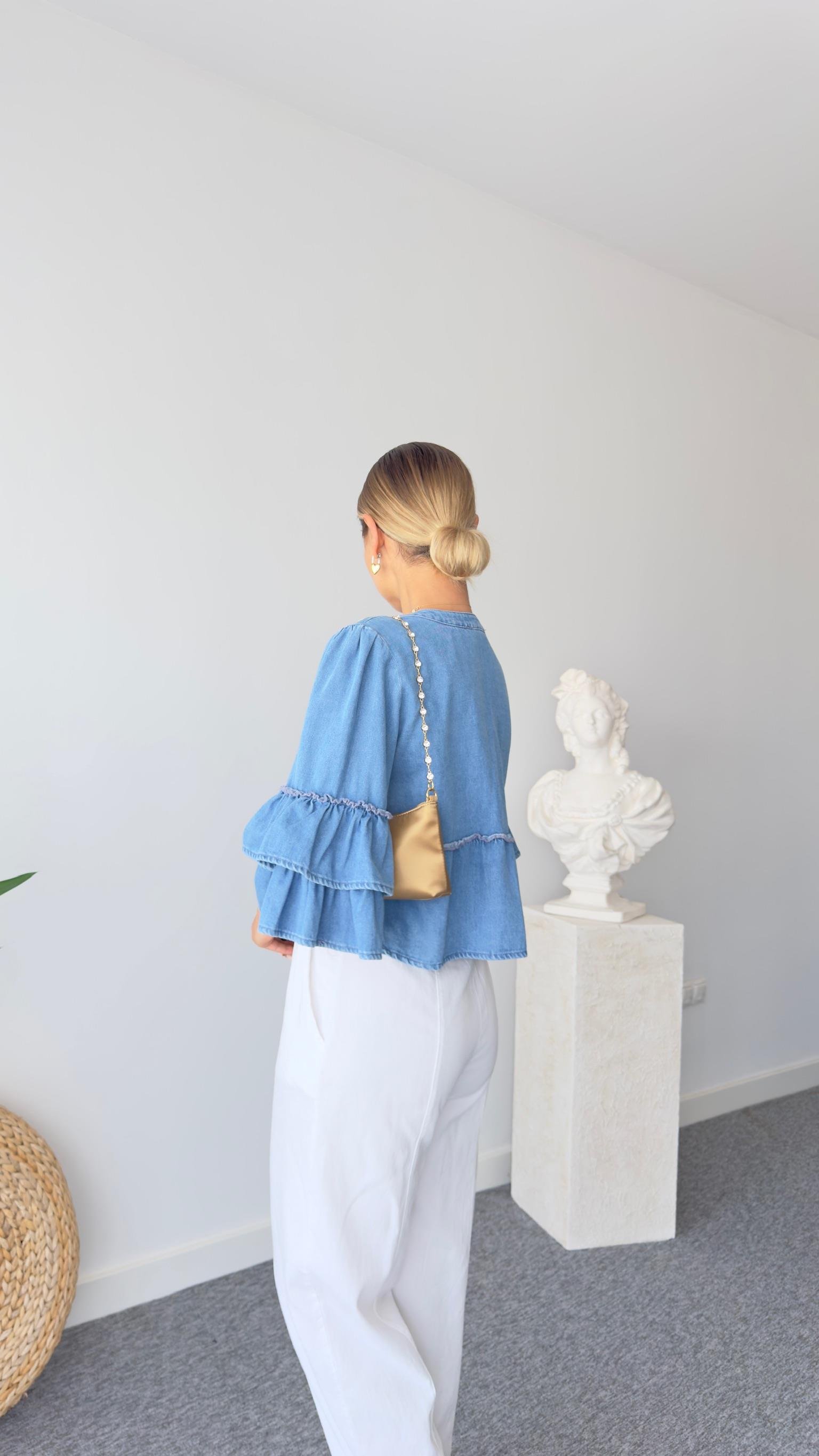 Mavi Önden Bağlamalı Ve Nakışlı Kolları Fırfır Detaylı Denim Bluz