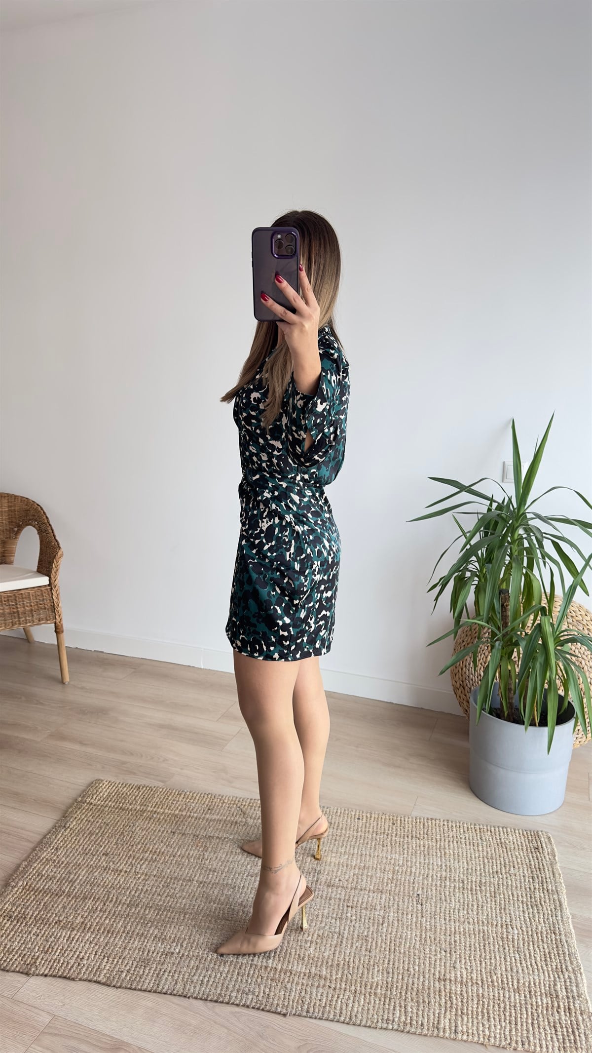  Leopar Desen Bağlamalı Yeşil Elbise   