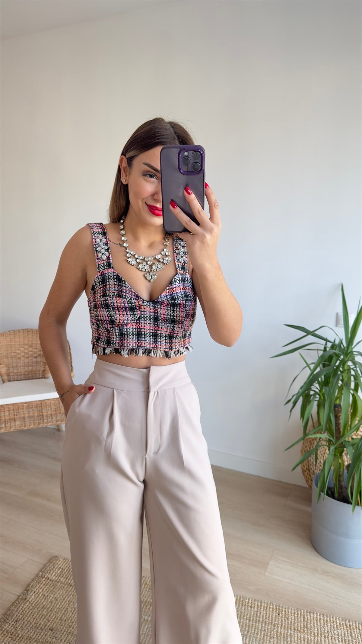 Taş Detaylı Renkli Crop