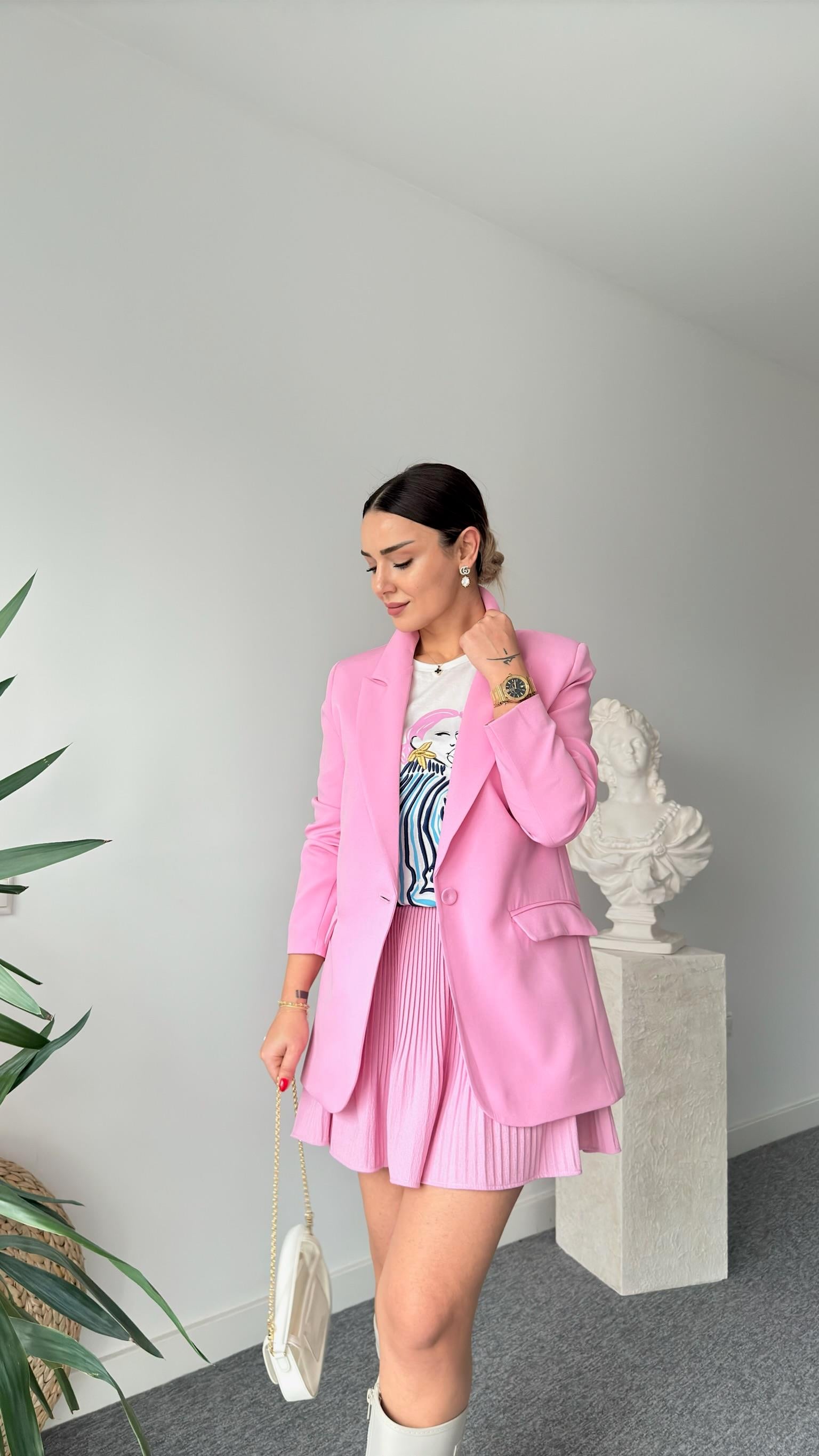 Tek Düğme Pembe Blazer Ceket