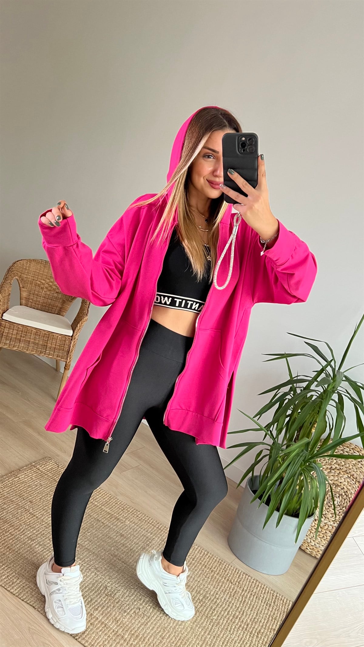 Yanları Yırtmaçlı Oversize Fuşya Sweat