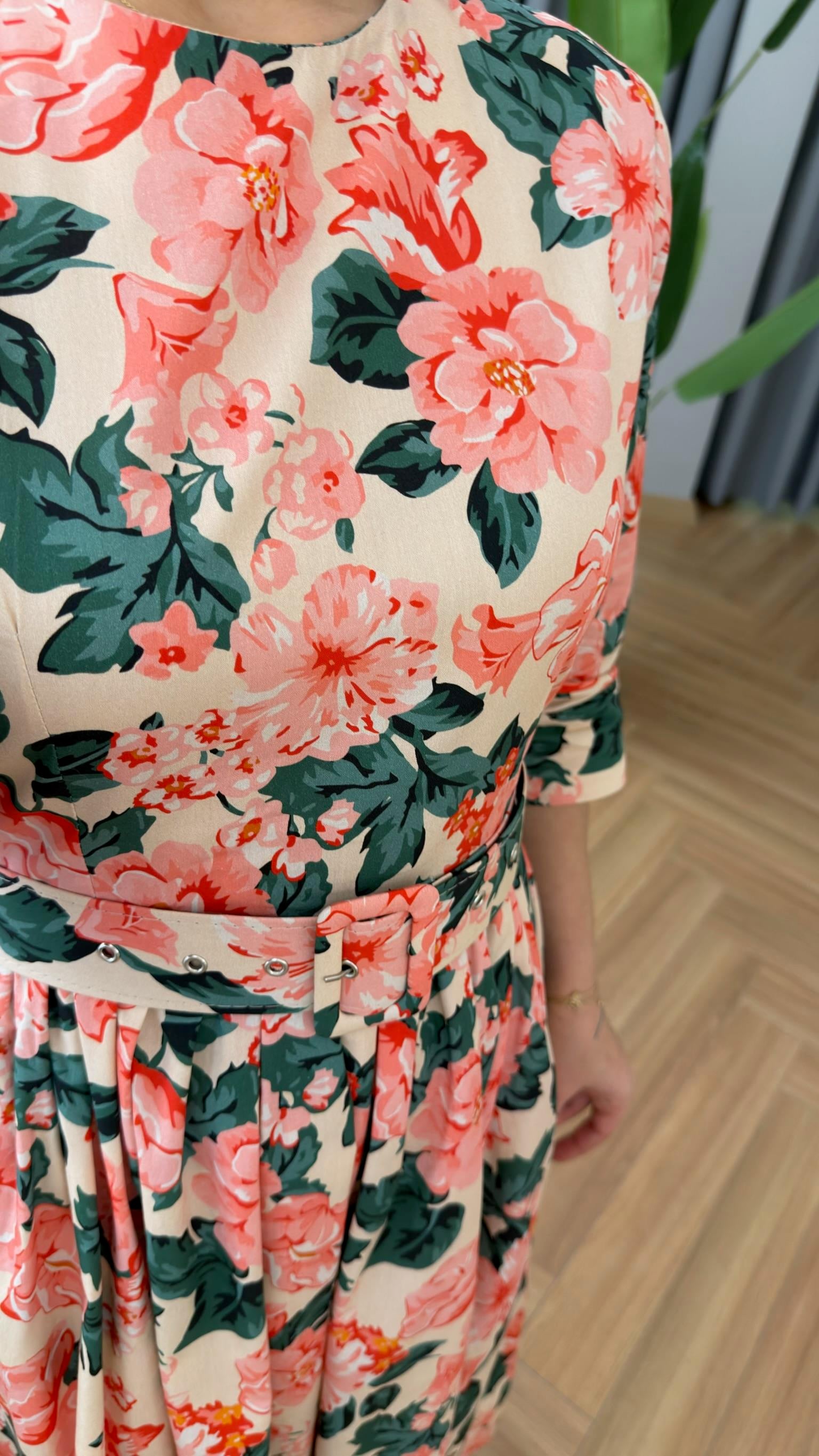 Floral Desenli Kemerli Premium Elbise 