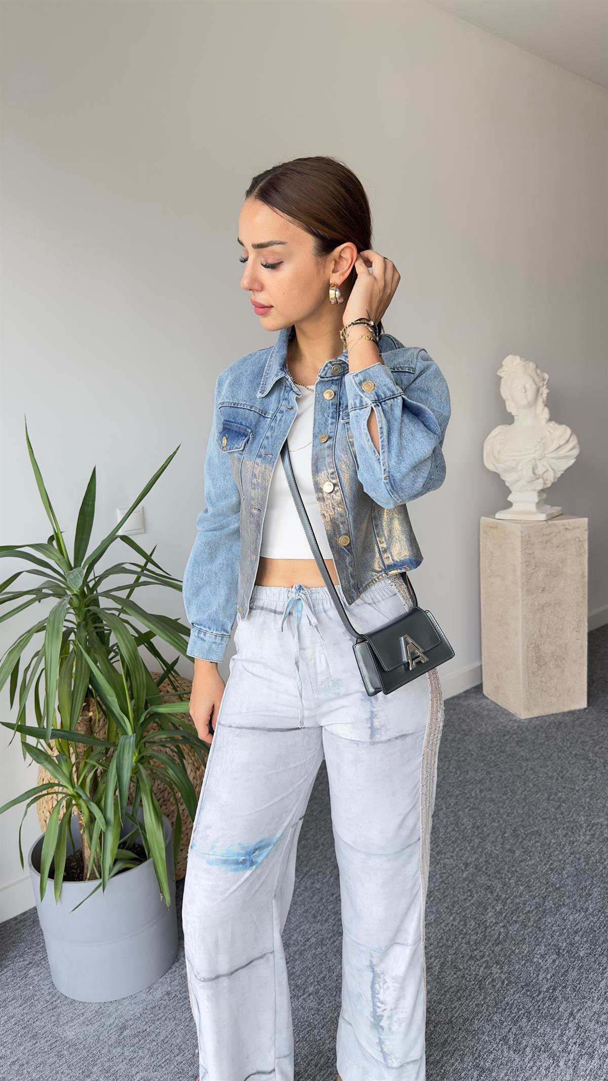 Zra Model Gold Metalik Detay Jean Ceket