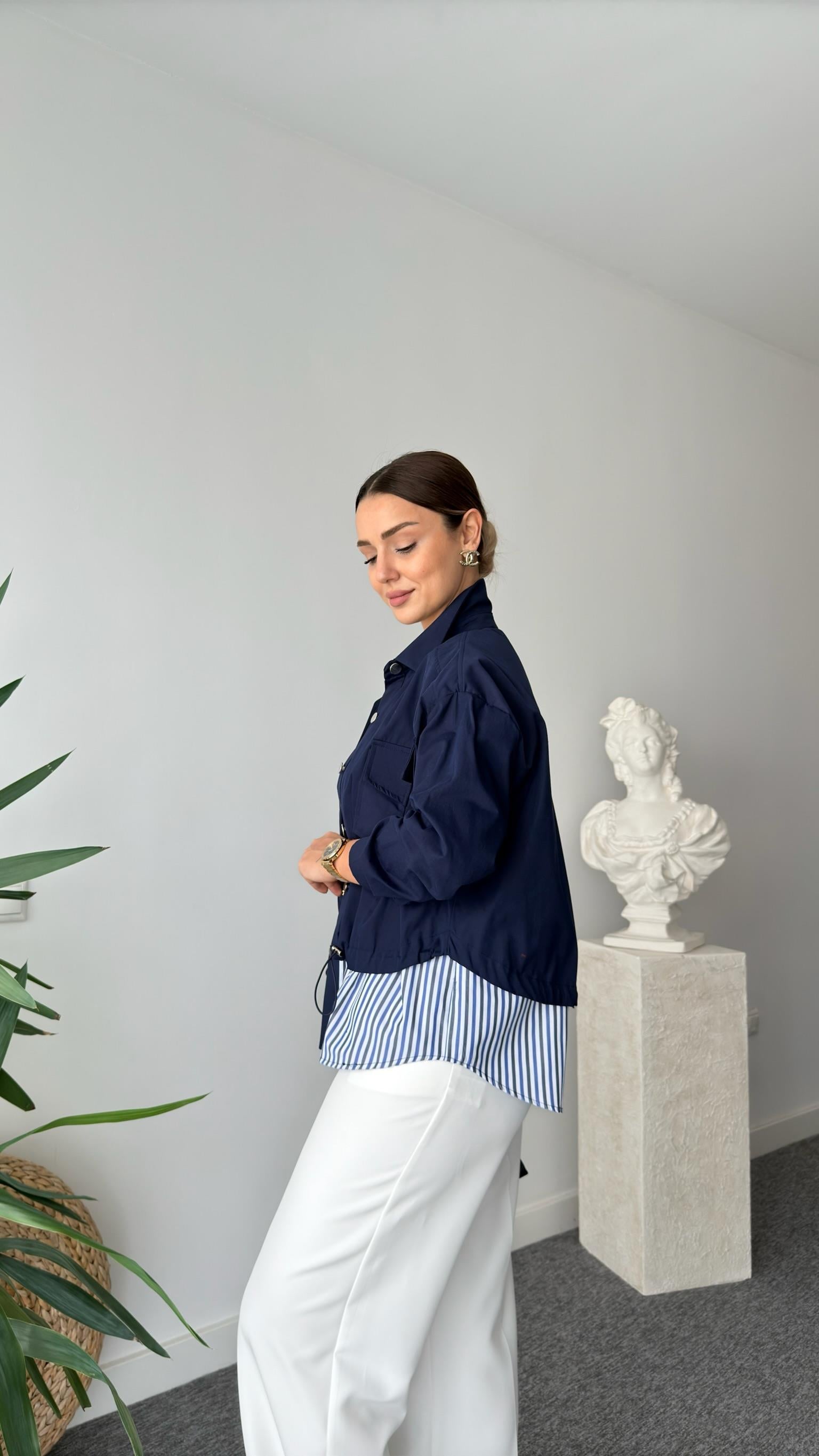 Sherina Çizgili Poplin Garnili Lacivert Ceket