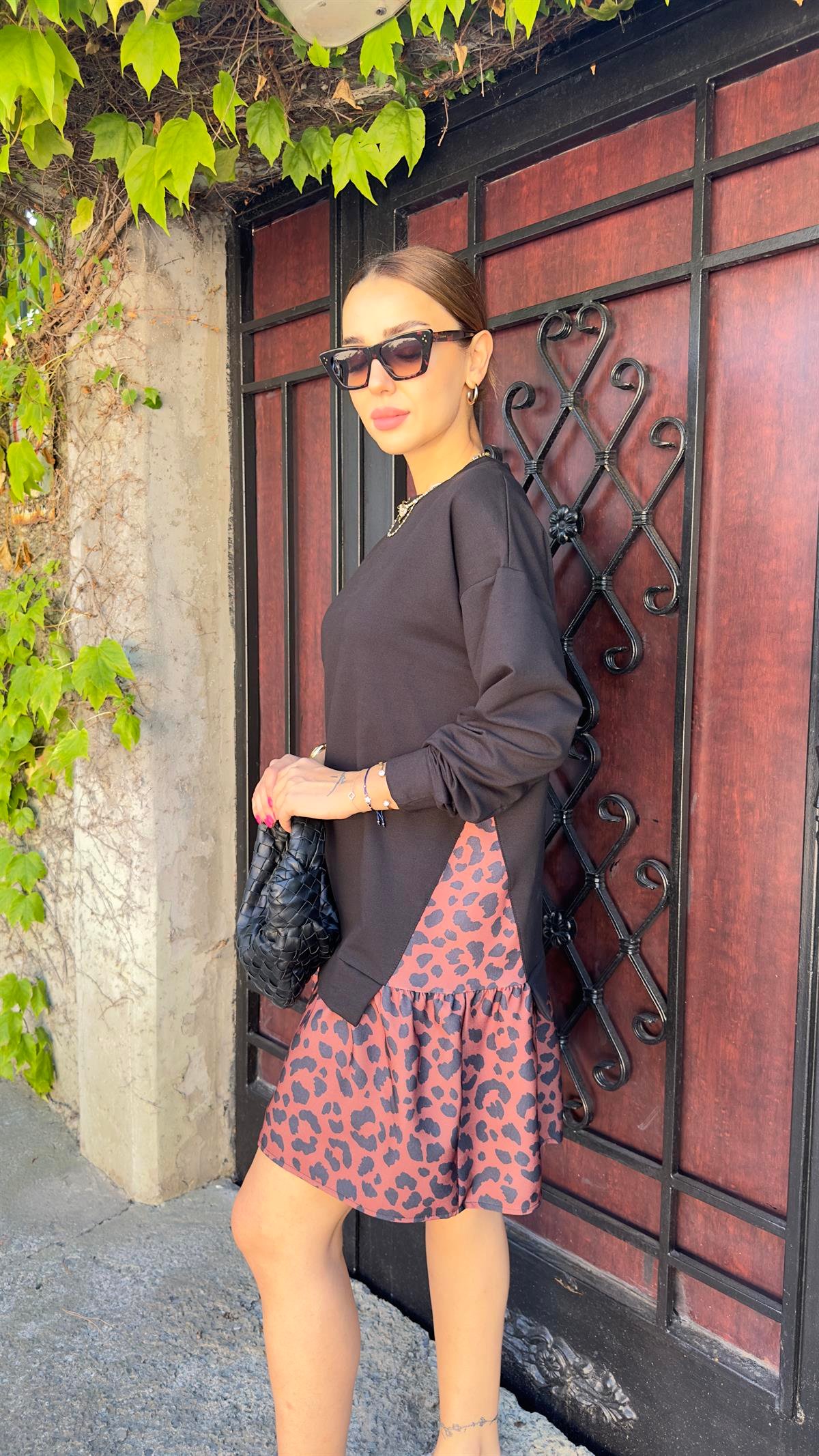Leopar Detaylı Sweat Elbise