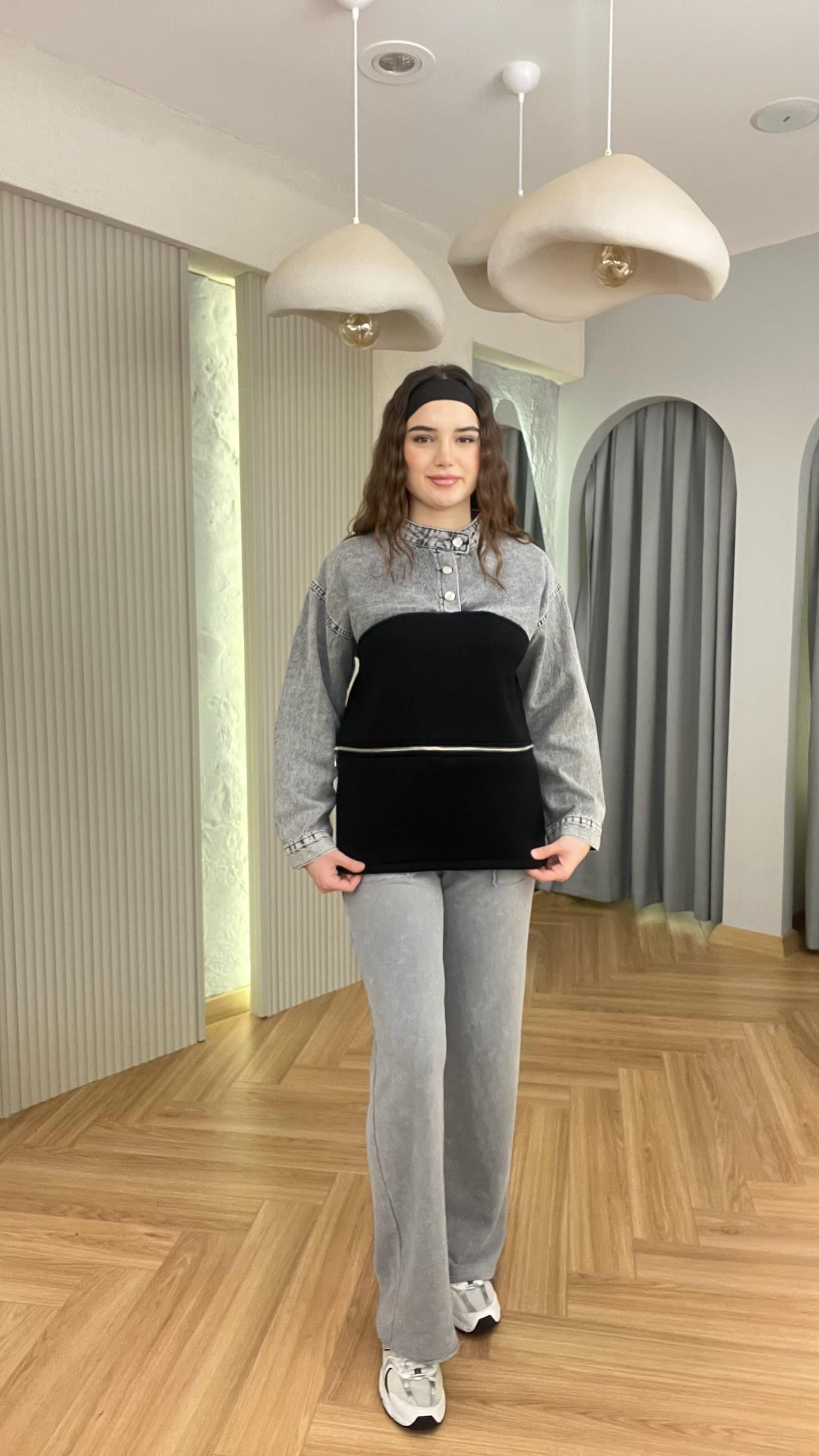 Gri Kot Garnili Fermuarlı Sweat