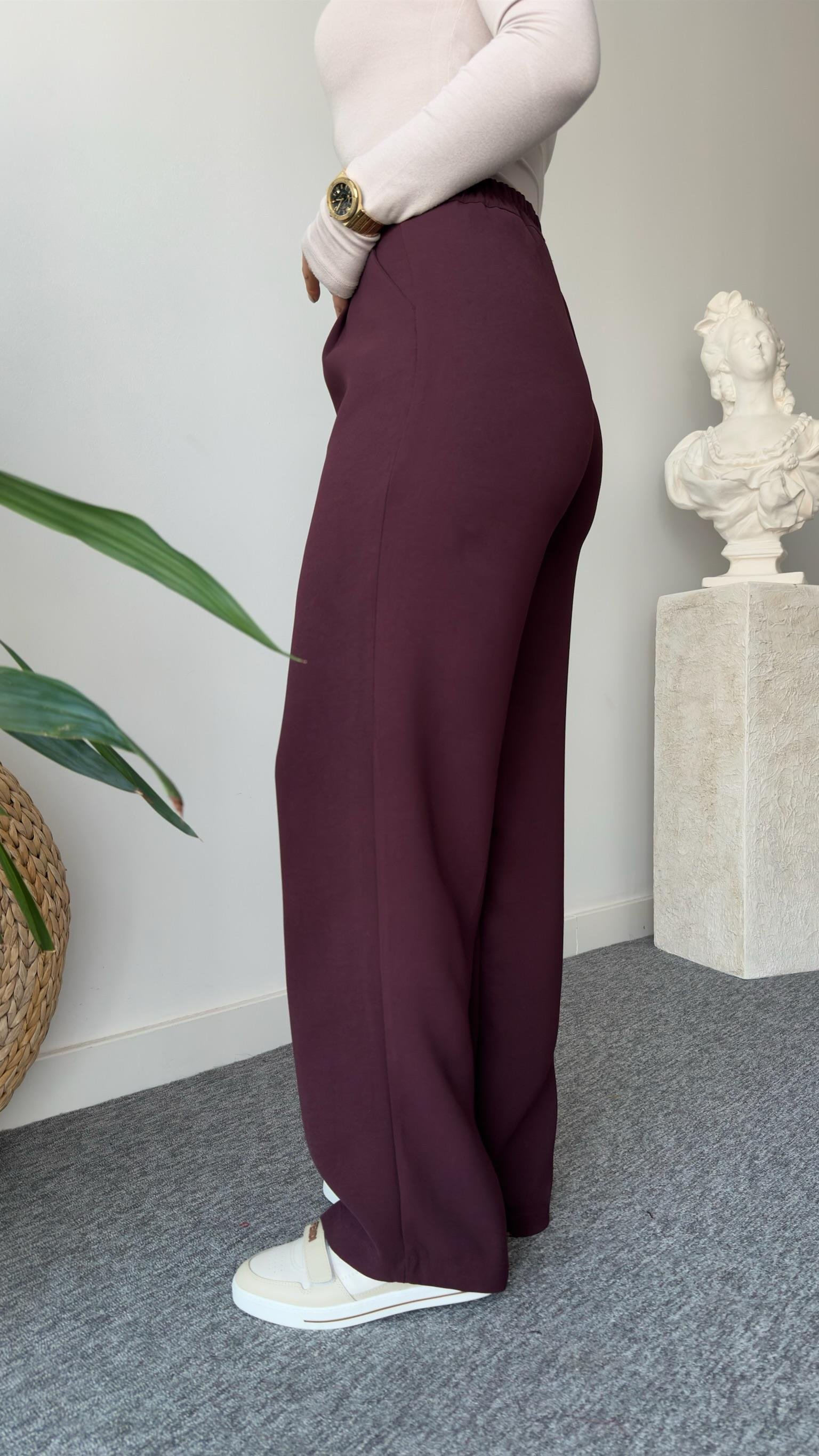 Bordo Gold Düğme Bel Lastikli Pantolon