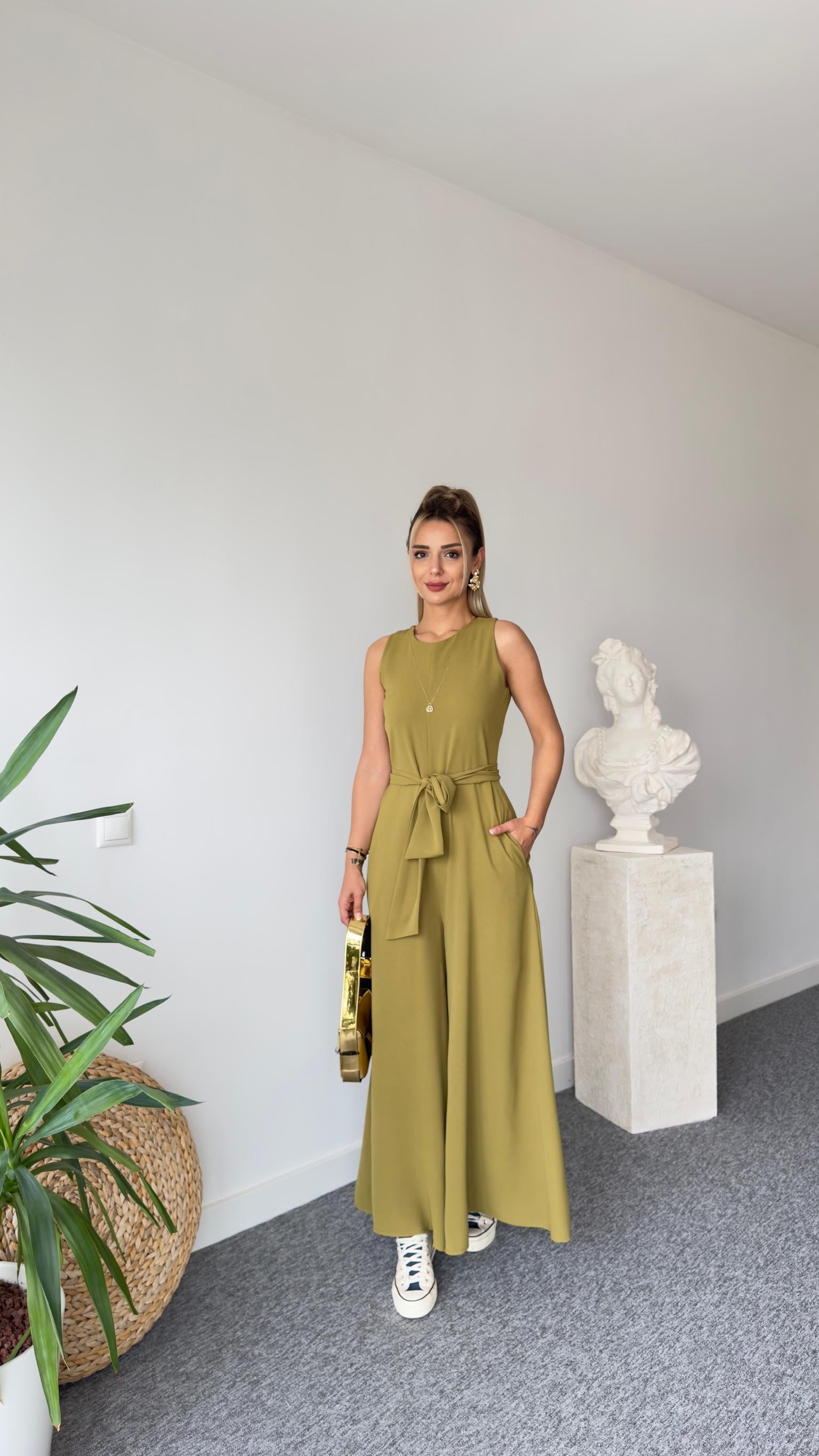Carta Kuşaklı Olive Bol Paça Tulum