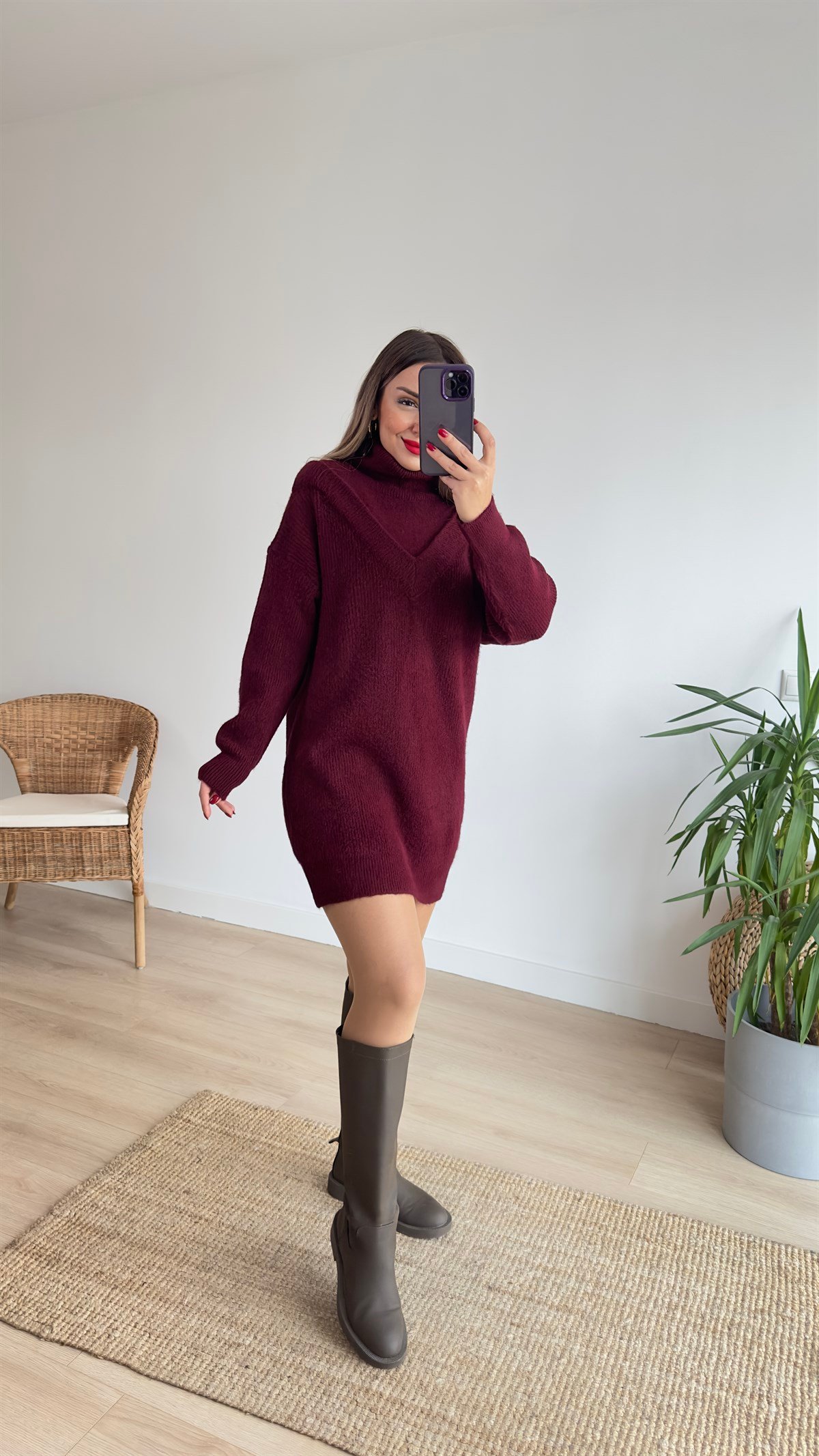 Bordo Boğazlı Tunik Elbise 