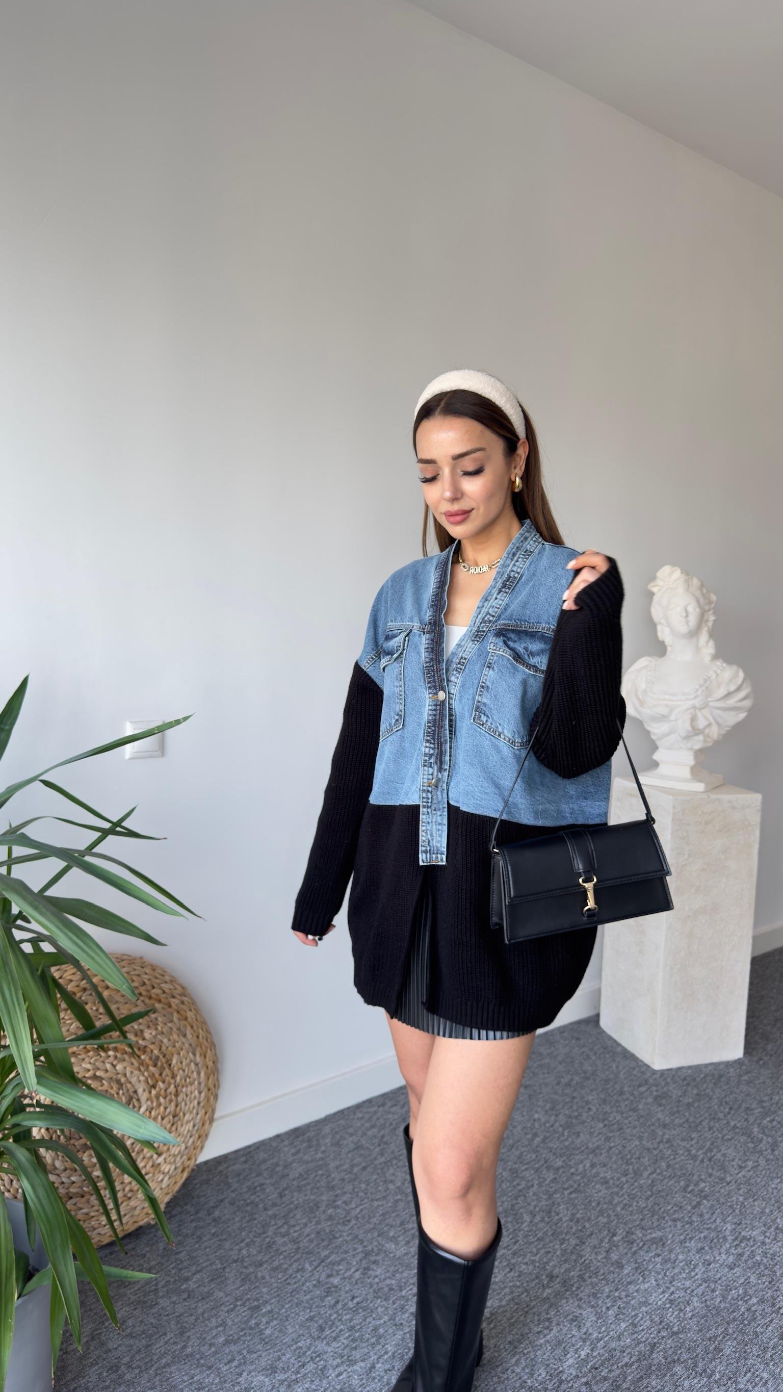 Üstü Kot Altı Siyah Triko Detaylı Hırka 