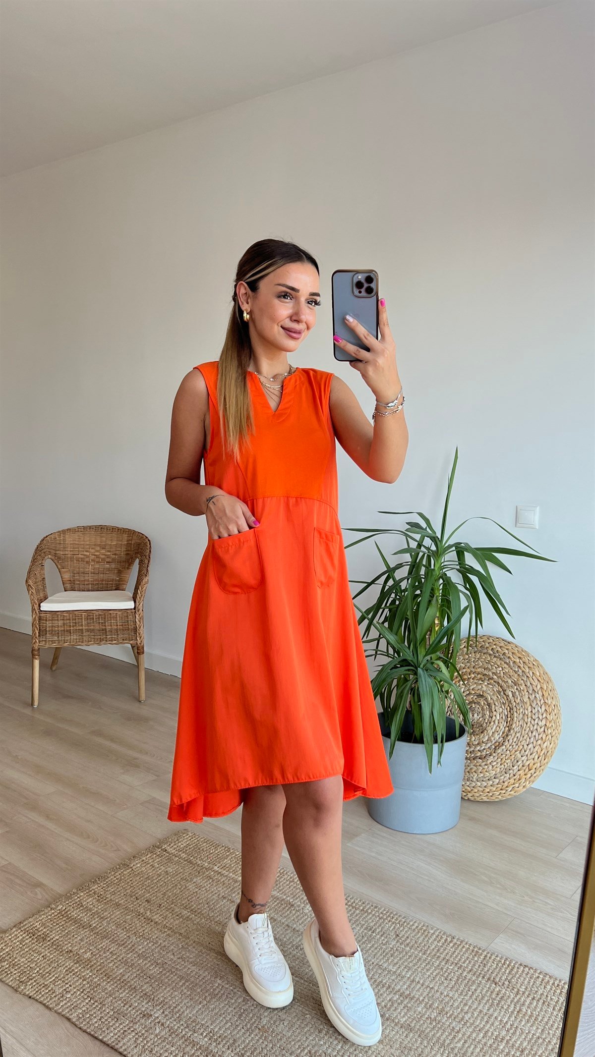 Poplin Detaylı Cepli Turuncu Elbise 