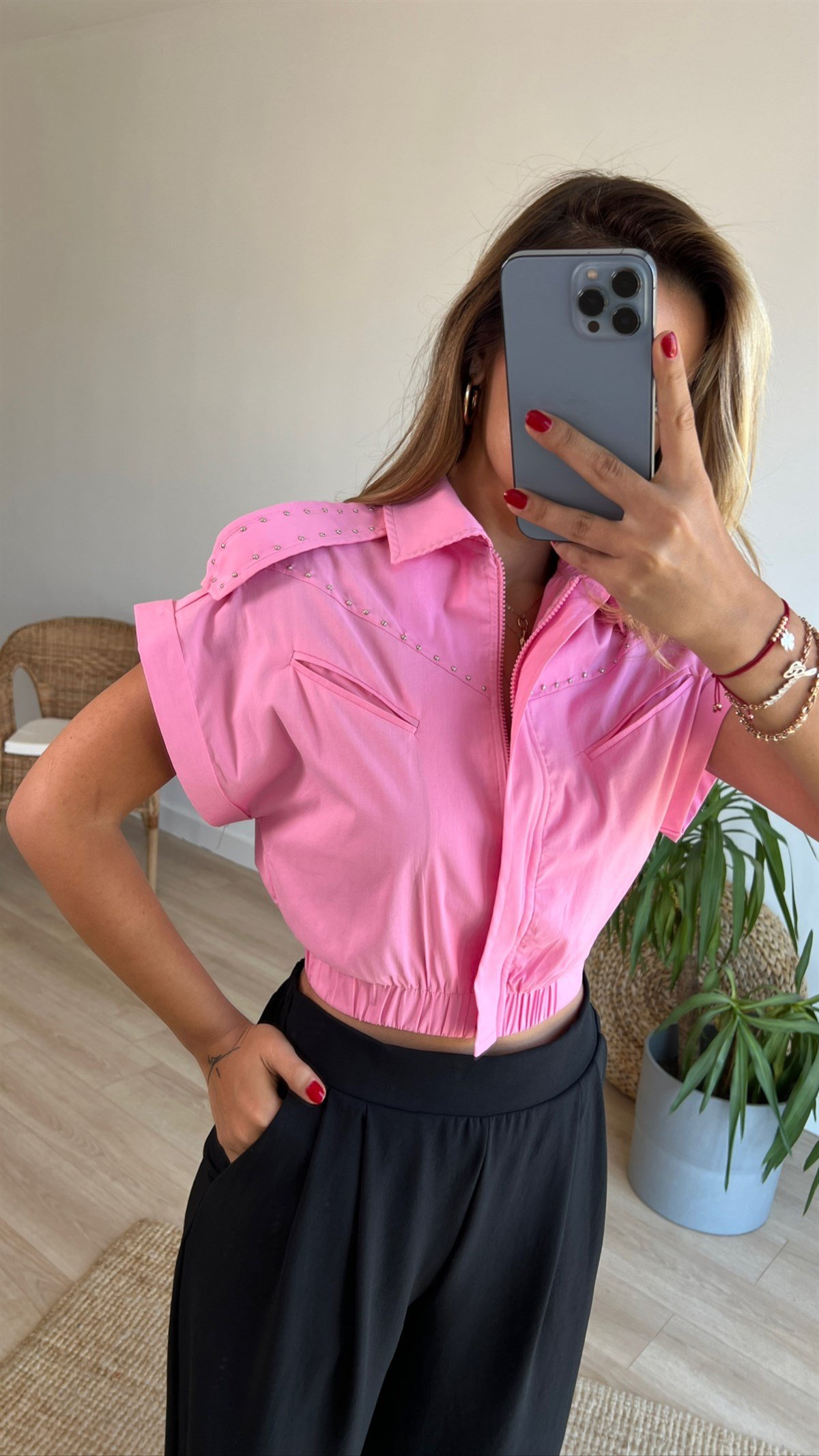 Zımba Detaylı Tasarım Pembe Ceket