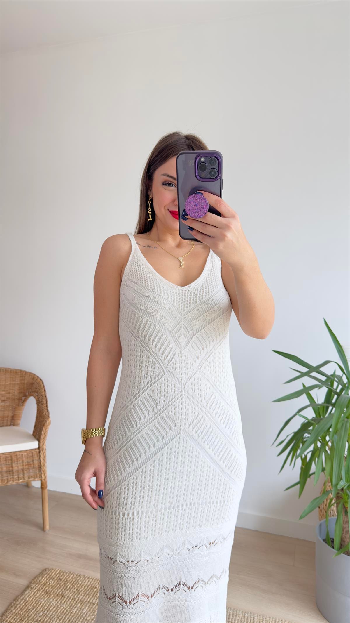 Askılı Beyaz Örme Elbise