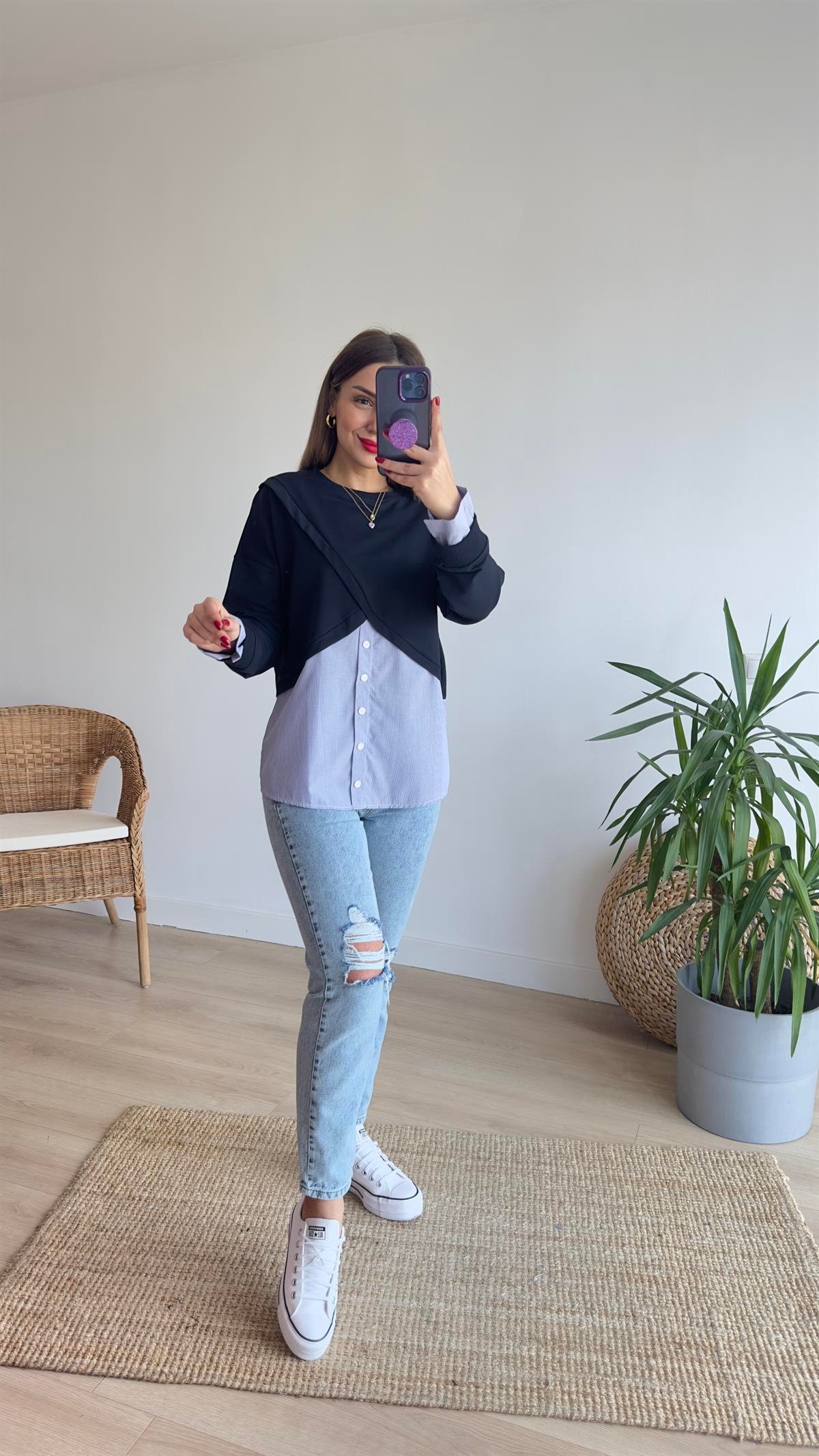 Çapraz Poplin Detay Lacivert Sweat