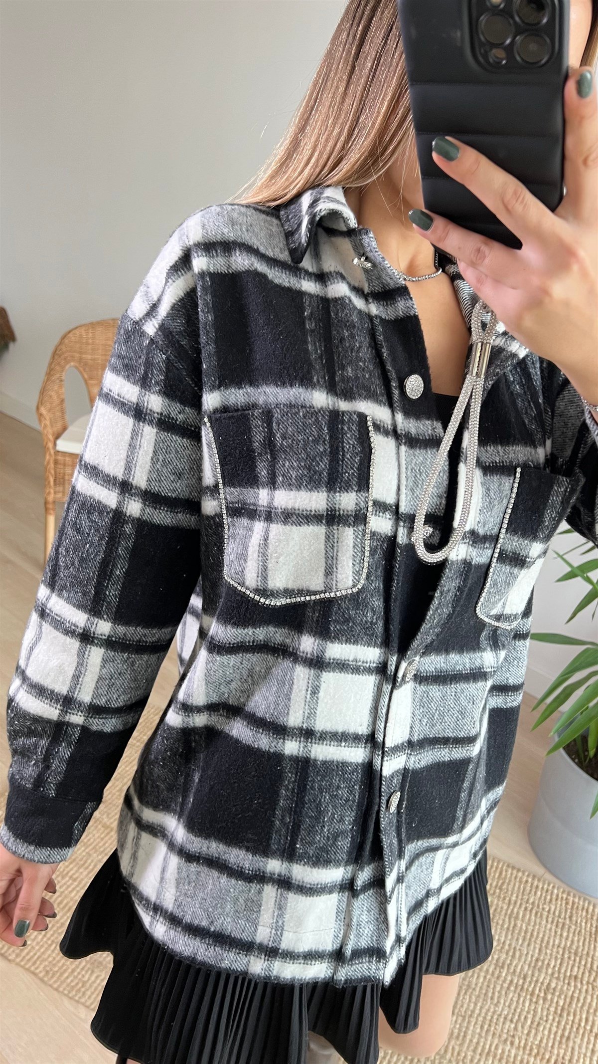 Zara Model Taş Detaylı Ekose Ceket