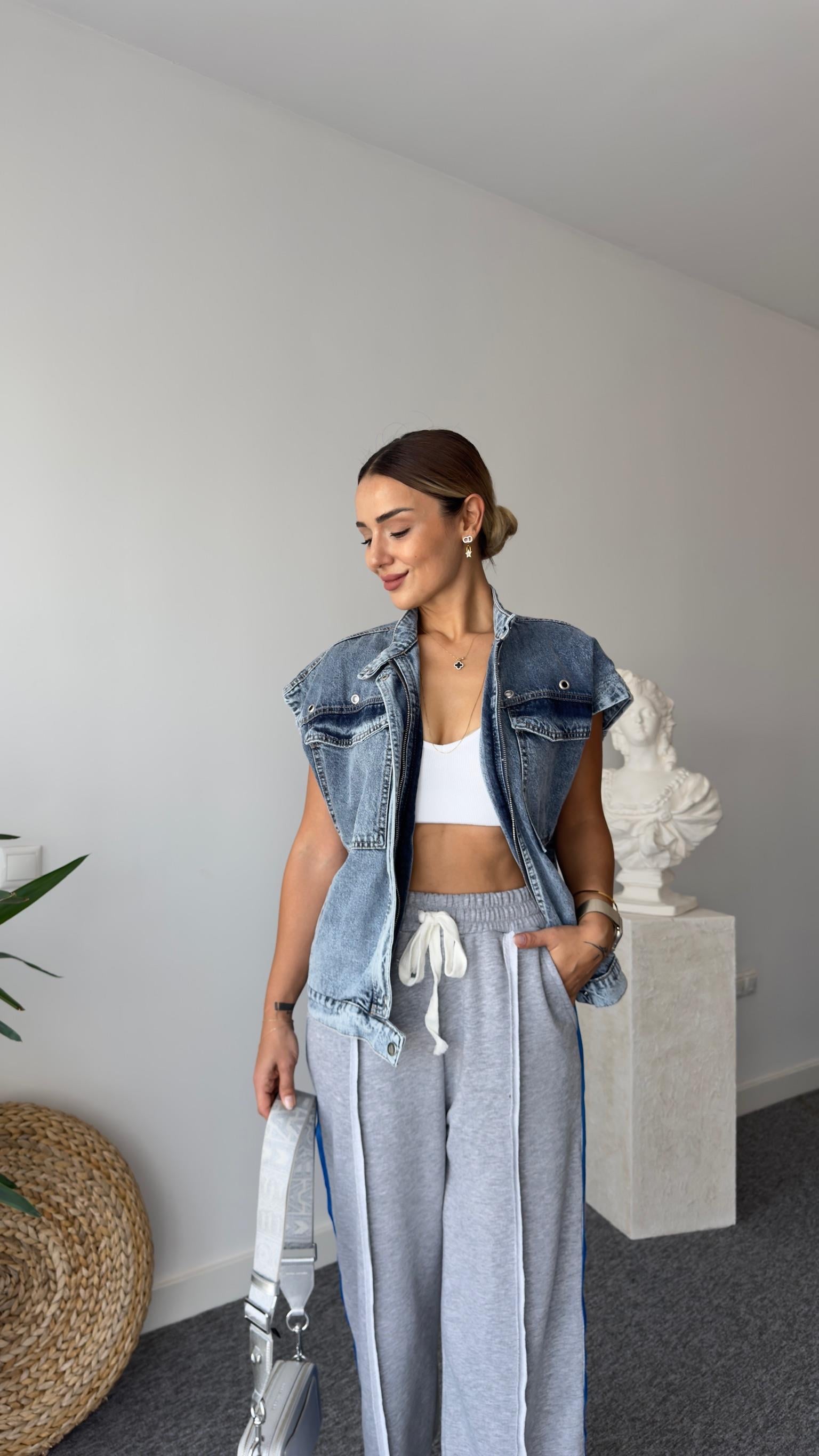 Kuş Gözlü Denim Yelek
