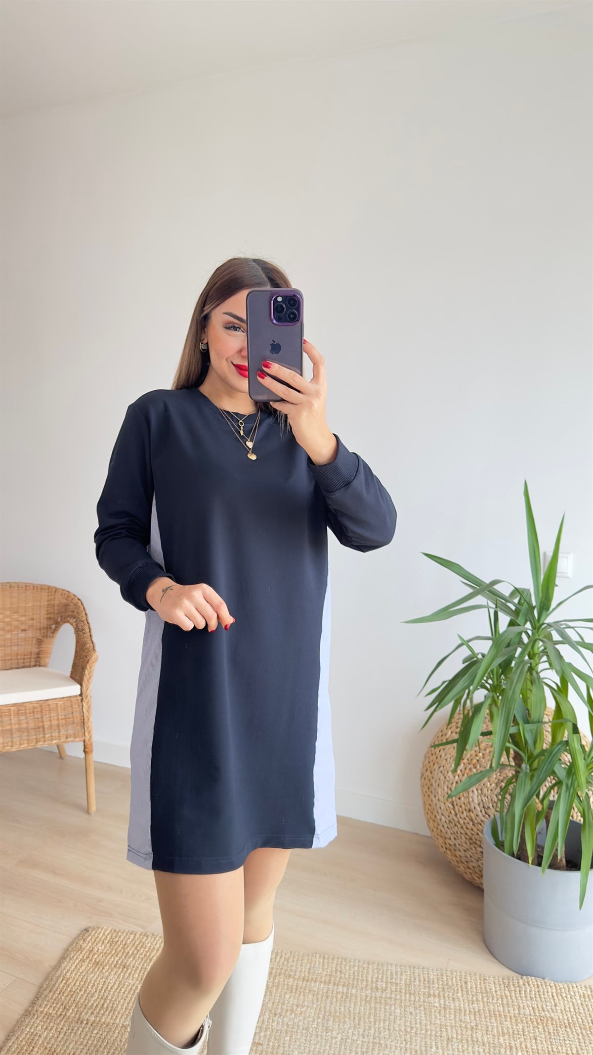 Sırtı Poplin Lacivert Basic Elbise 