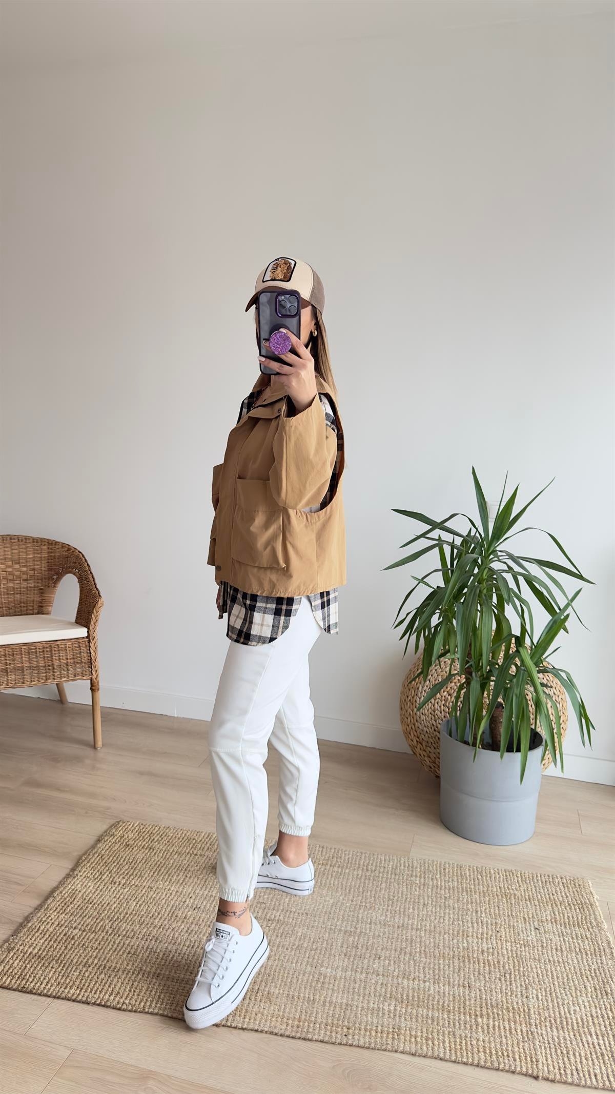 Ekose Detaylı Camel Ceket