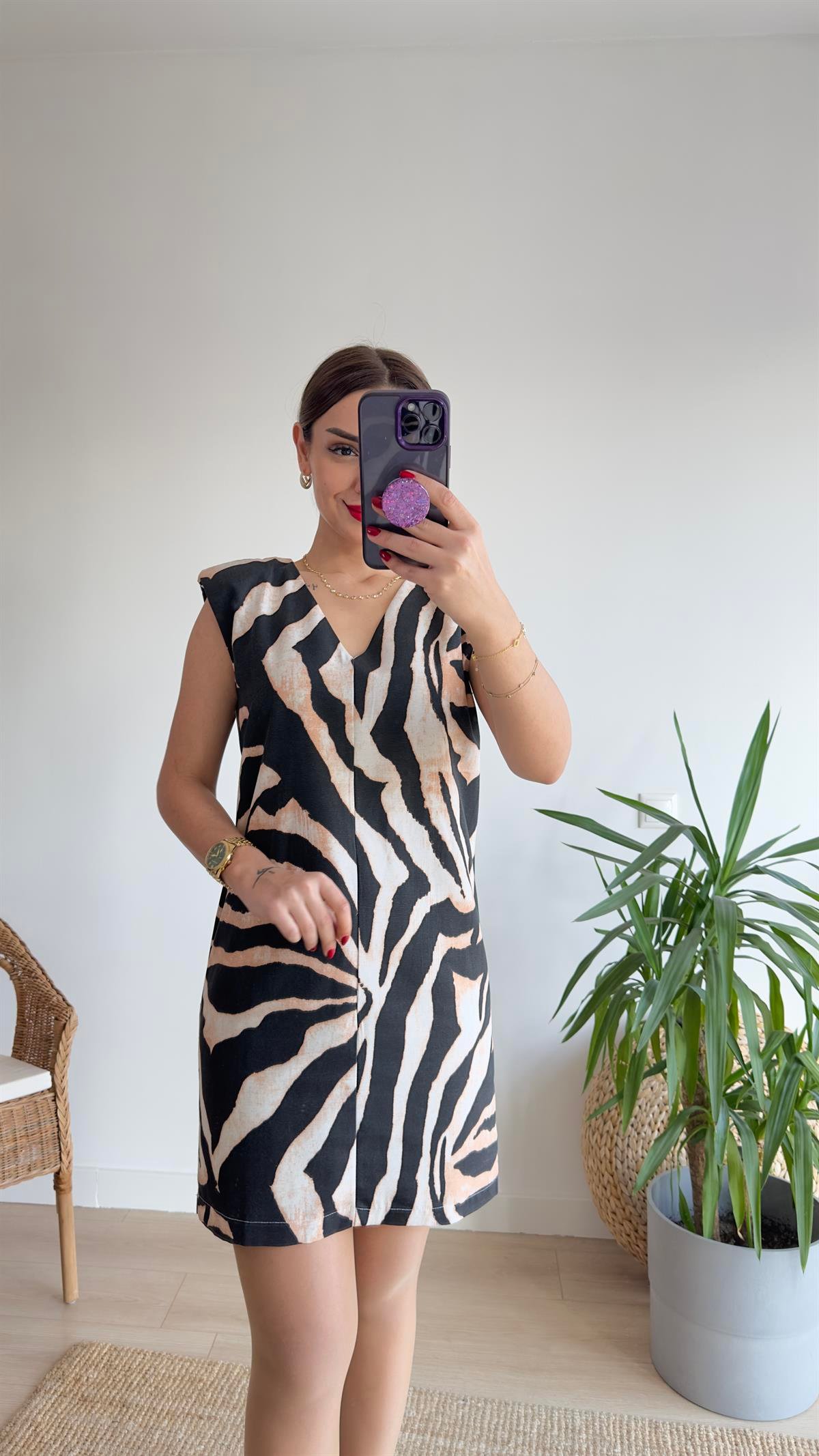 Laila Zebra Desen Vatkalı Elbise 