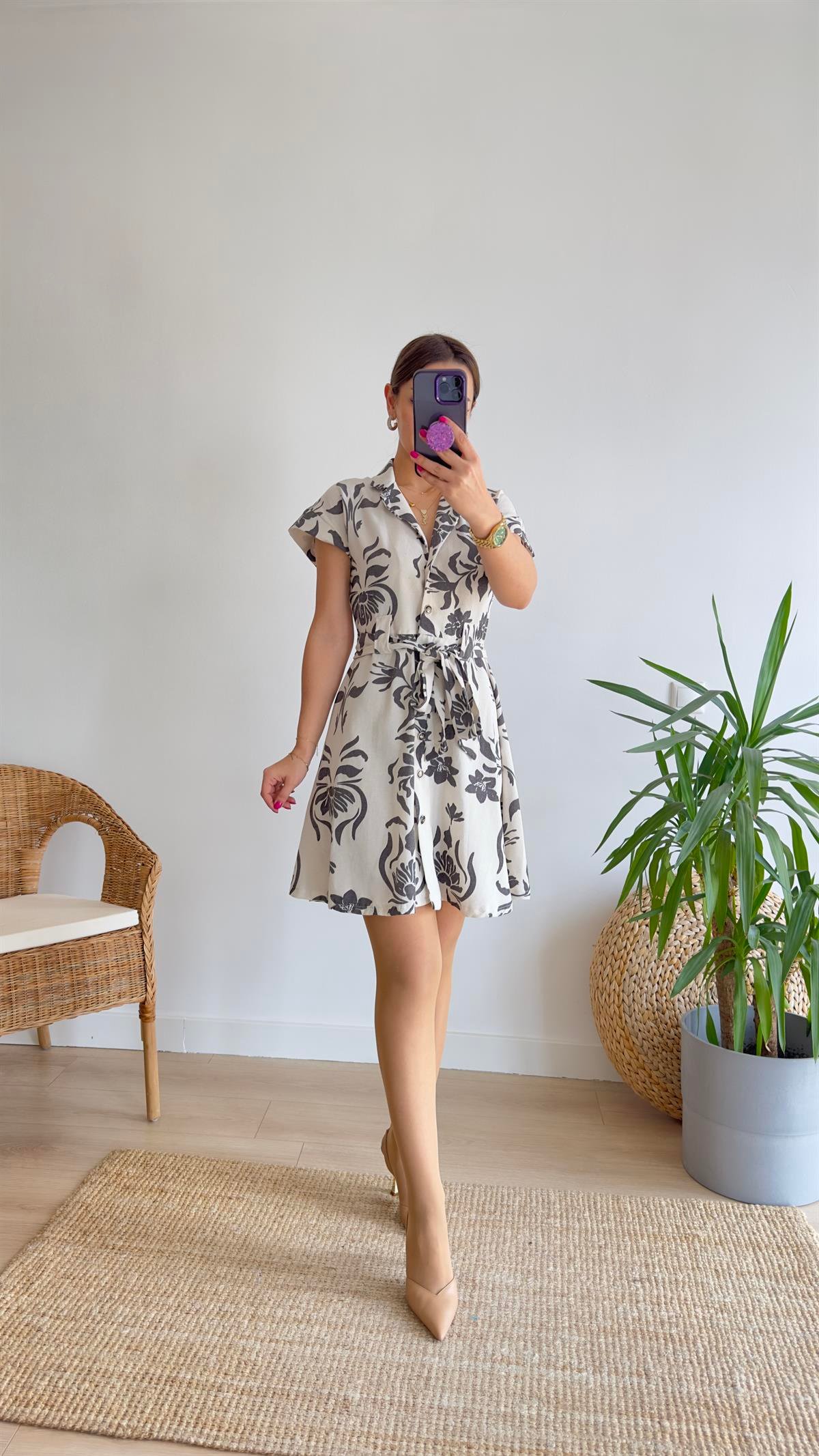Vina Zra Model Kuşaklı Keten Elbise 