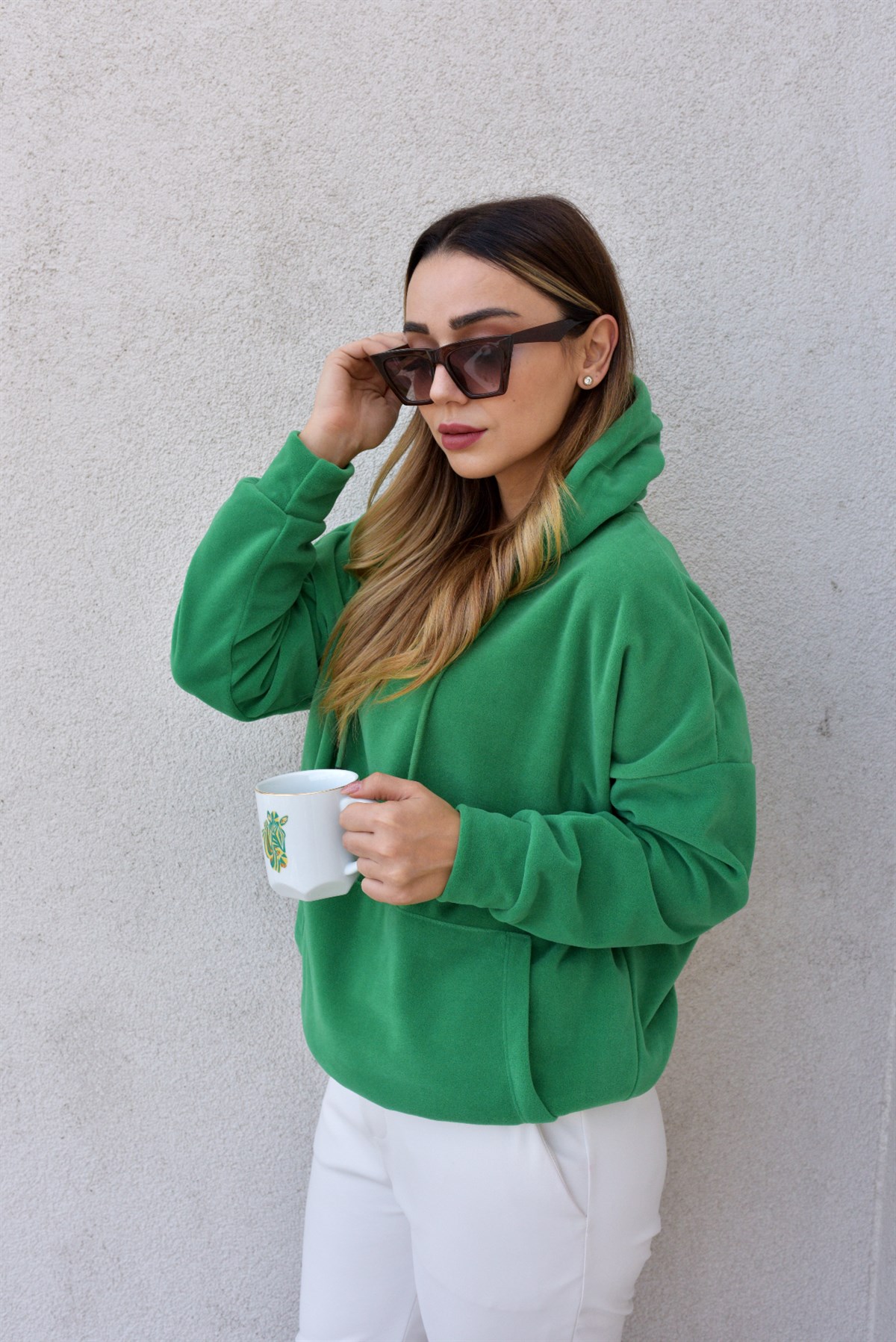 Yeşil Kapüşonlu Polar Sweat	